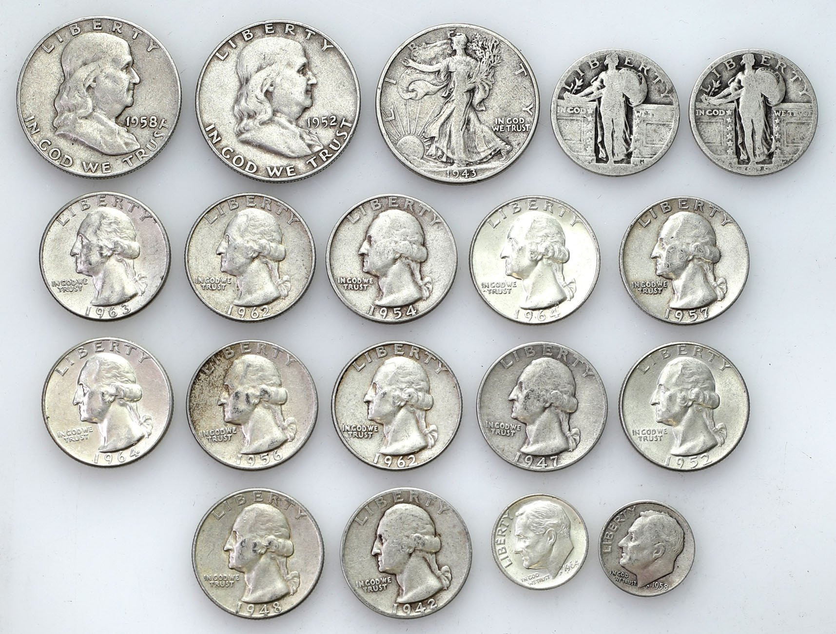 USA, 10 centów - 1/2 Dolara 1943 – 1964, zestaw 19 sztuk