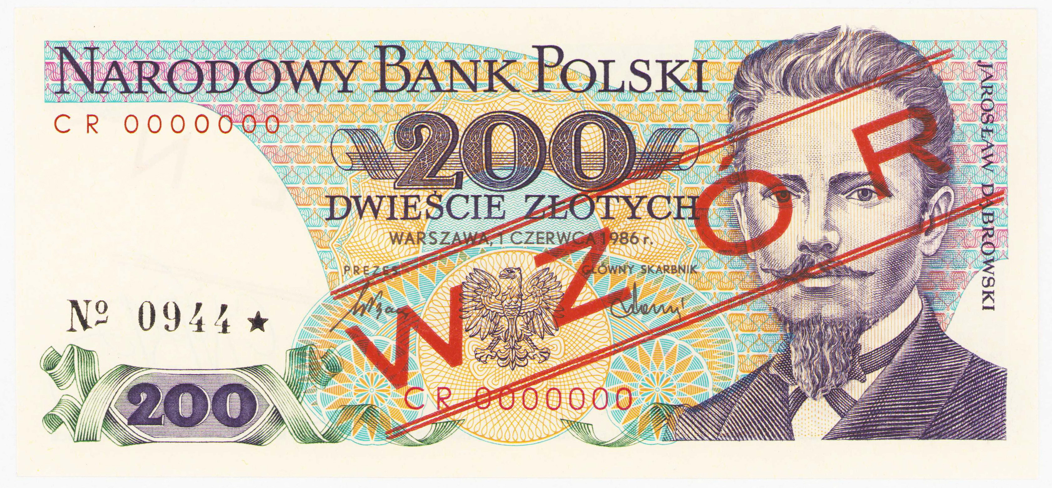 WZÓR / SPECIMEN. 200 złotych 1986 seria CR