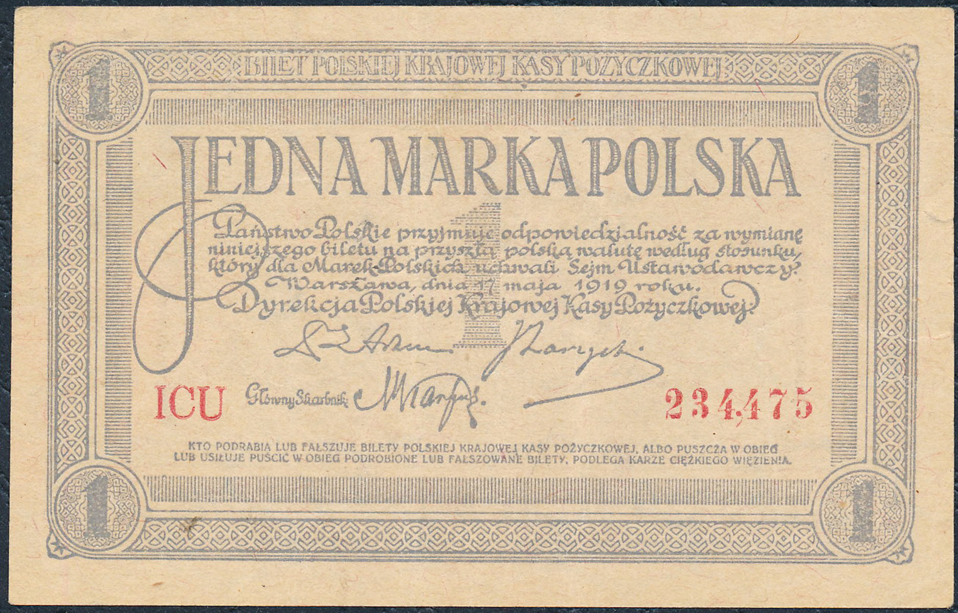 1 marka polska 1919 seria ICU
