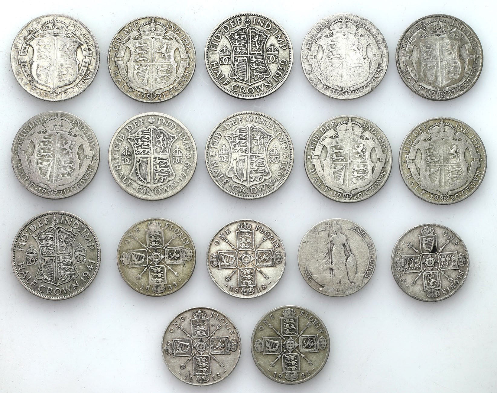 Wielka Brytania, 1/2 korony, 1 floren, 2 szylingi. 1915 – 1941, zestaw 17 sztuk 
