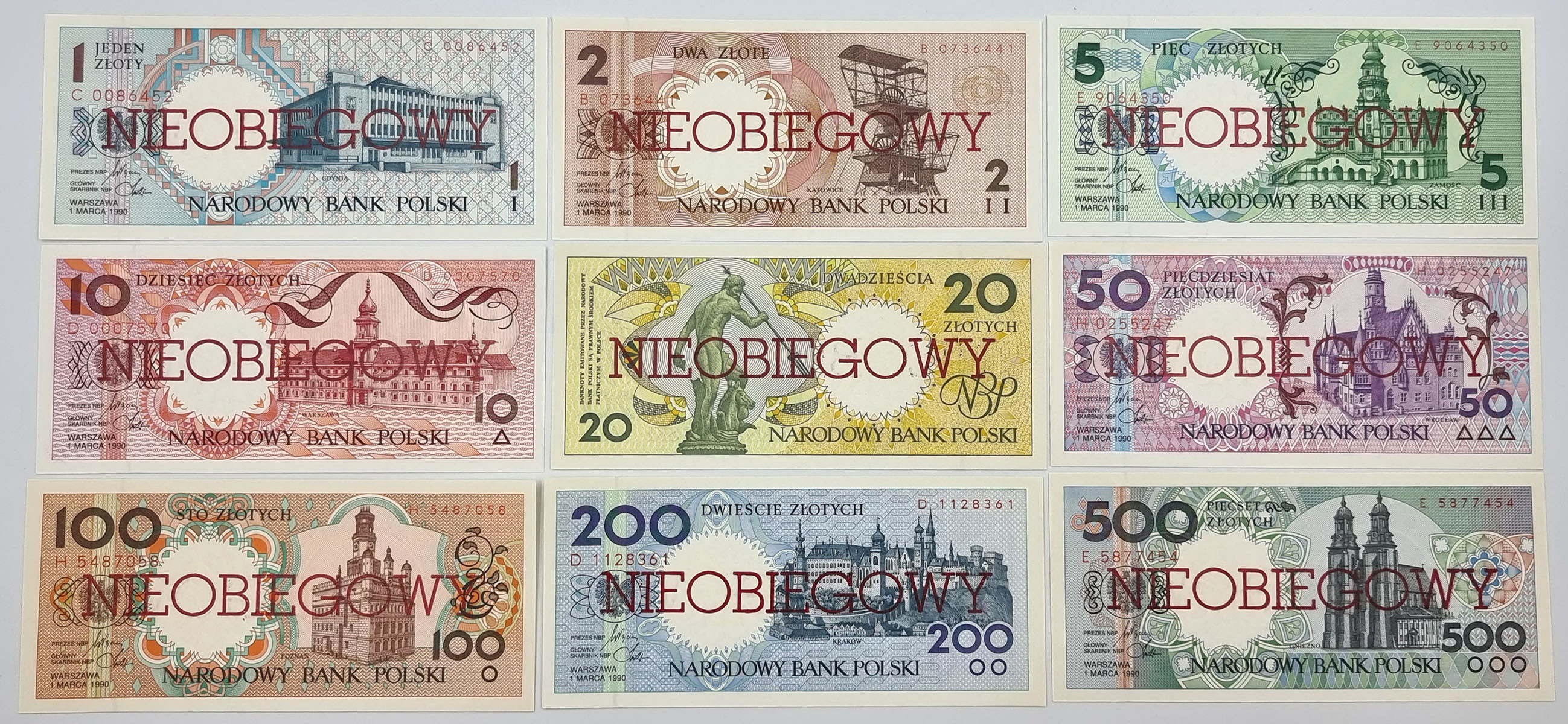 Miasta Polskie 1990 komplet banknotów 1-500 złotych NIEOBIEGOWY