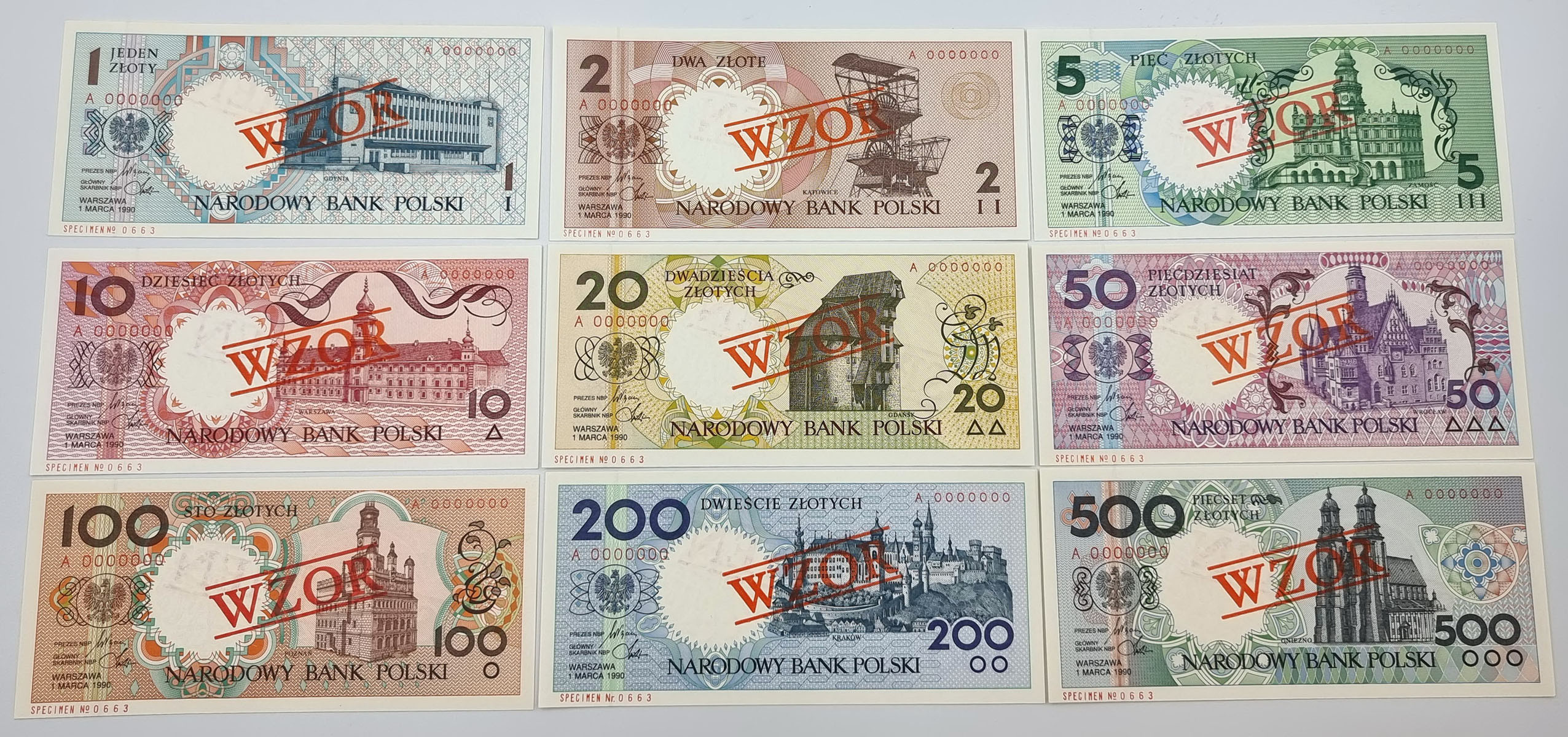 Komplet Miasta WZÓR/SPECIMEN Polskie 1-500 złotych 1990