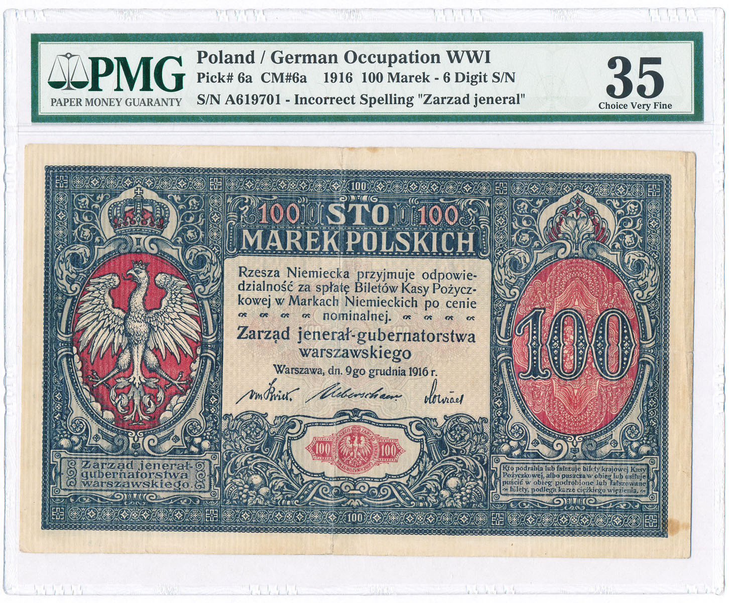 100 marek polskich 1916 seria A - jenerał PMG 35