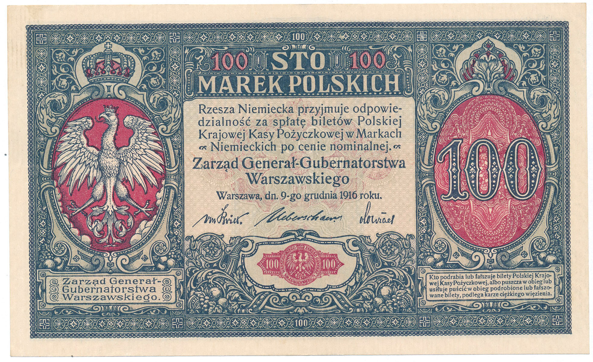 100 marek polskich 1916 seria A, Generał - RZADKI