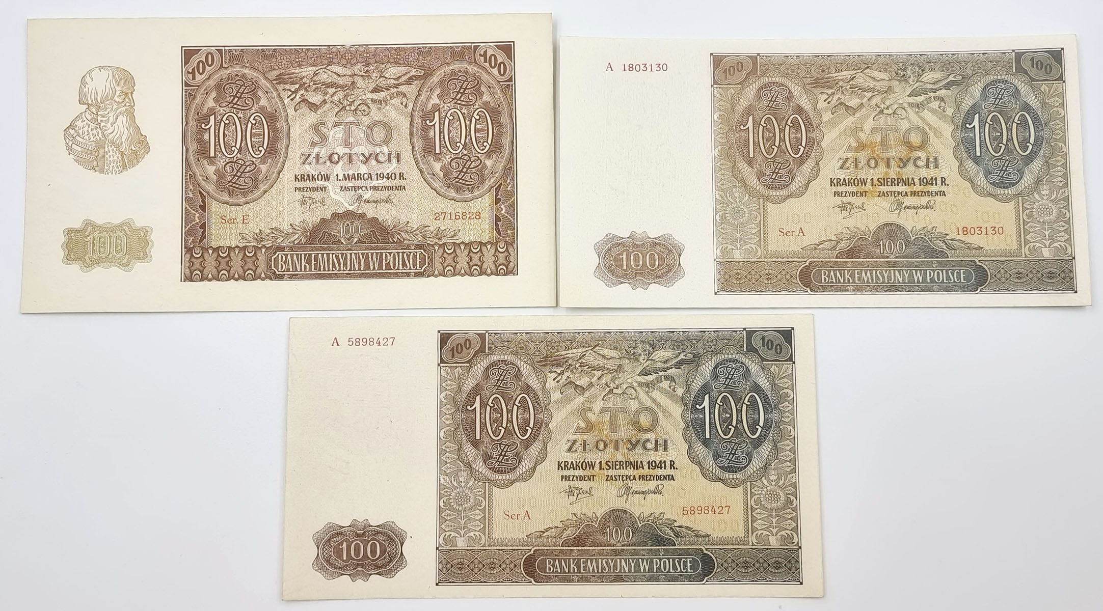 100 złotych 1940 seria E, 100 złotych 1941 seria A, zestaw 3 sztuk