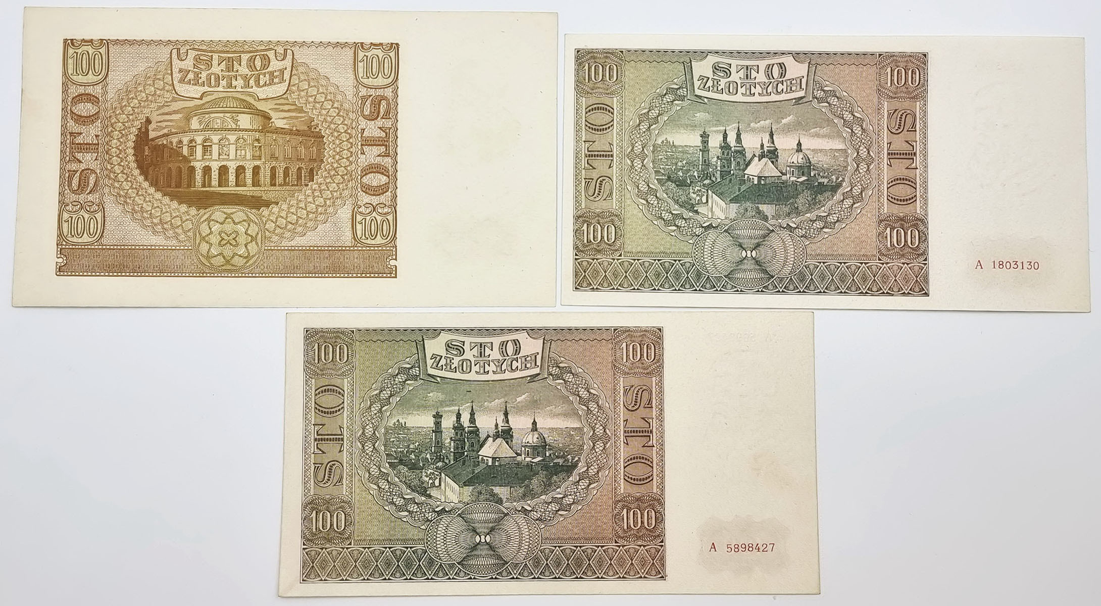 100 złotych 1940 seria E, 100 złotych 1941 seria A, zestaw 3 sztuk