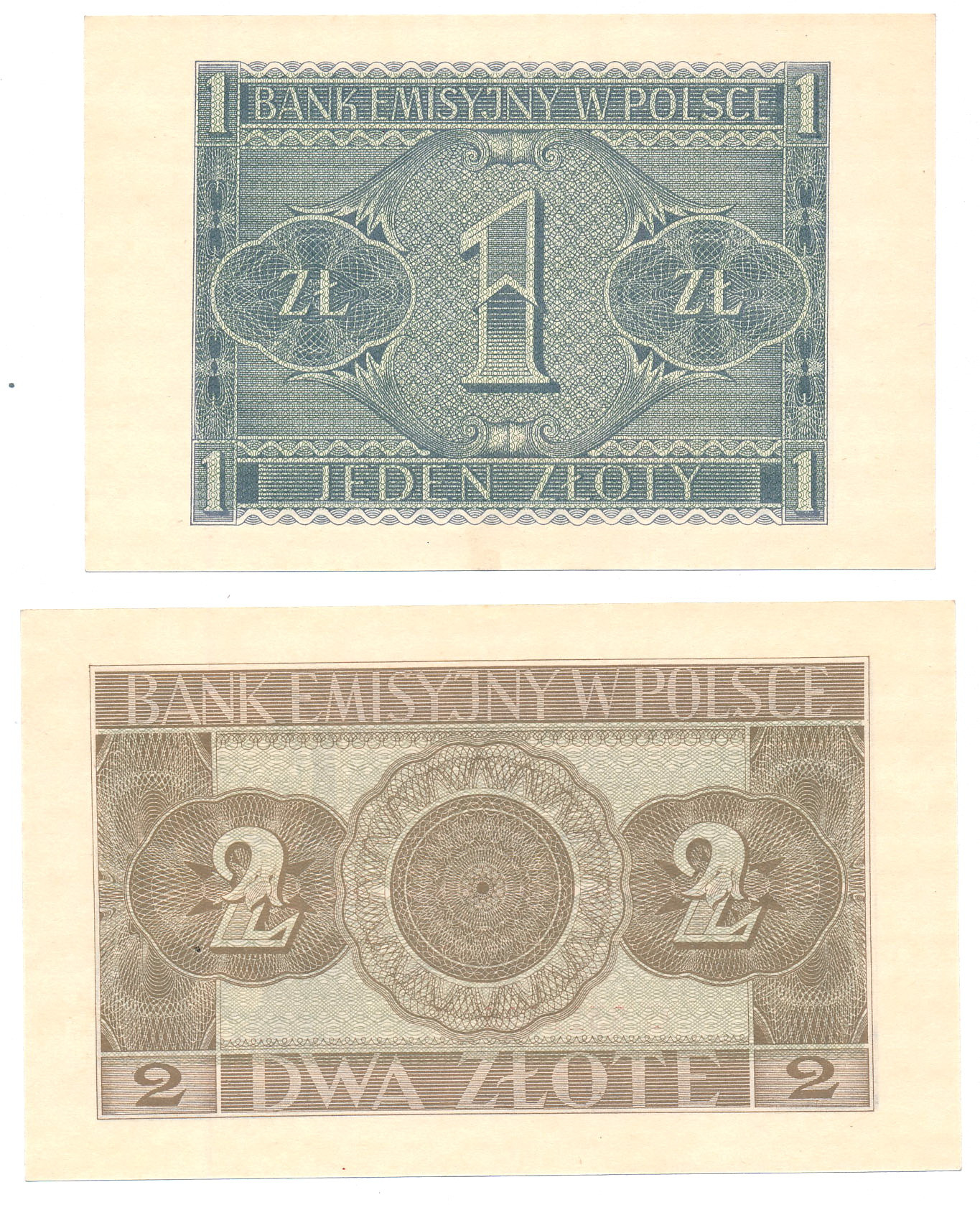 1 złoty 1940 seria B i 2 złote 1940 seria C, zestaw 2 sztuk
