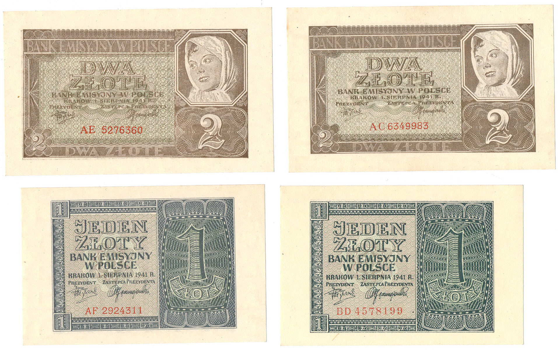 1 złoty 1941 seria BD, AF i 2 złote 1941 seria AC, AE, zestaw 4 sztuk