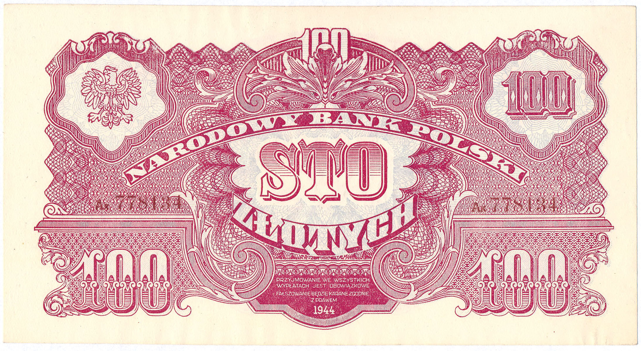 Banknot. 100 zł złotych 1944 seria Ax  OBOWIĄZKOWE - RZADKI