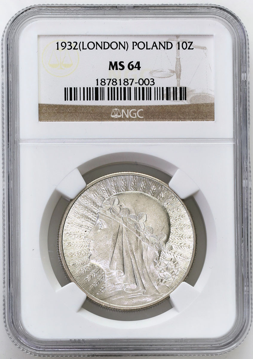 II RP. 10 złotych 1932 bez znaku, Londyn NGC MS64 – PIĘKNE