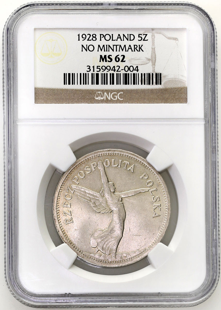 II RP. 5 złotych 1928 Nike bez znaku NGC MS62 - PIĘKNA