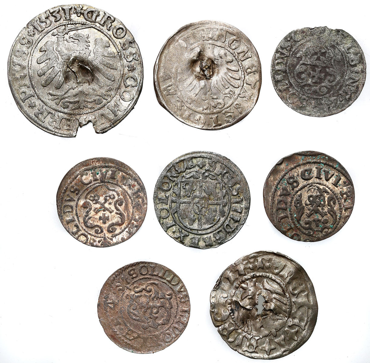 Polska, Ryga XV-XVII. Grosz, półgrosz, szeląg, zestaw 8 monet