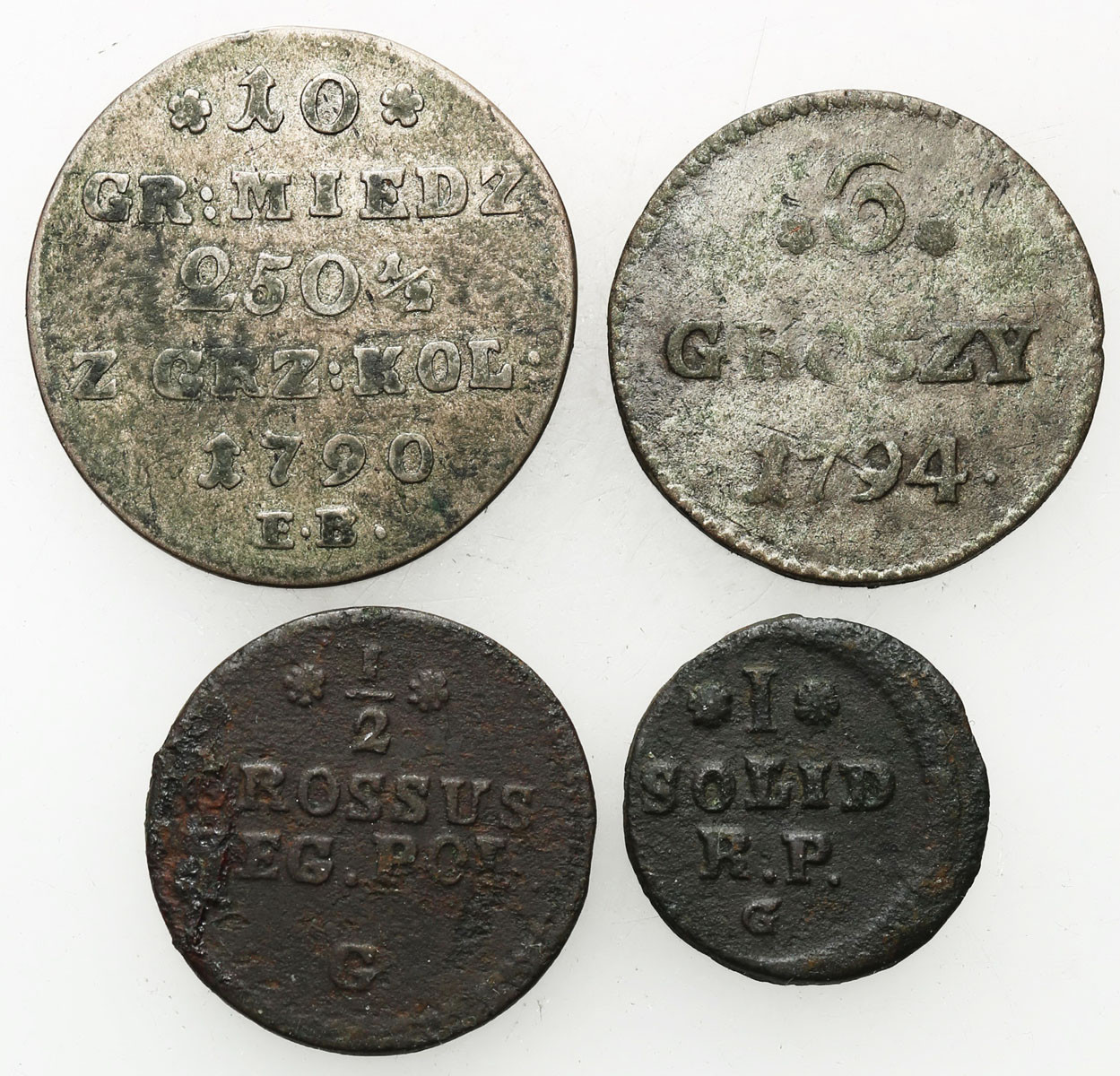 Stanisław August Poniatowski. Szeląg 1767?, półgrosz 1768, 6 groszy 1794, 10 groszy 1790 - zestaw 4 monet