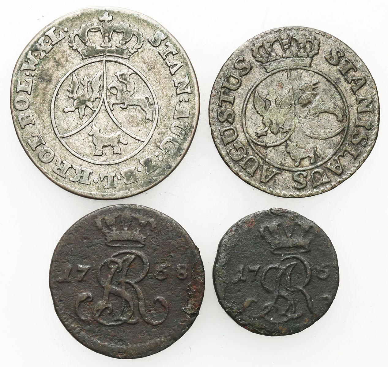 Stanisław August Poniatowski. Szeląg 1767?, półgrosz 1768, 6 groszy 1794, 10 groszy 1790 - zestaw 4 monet