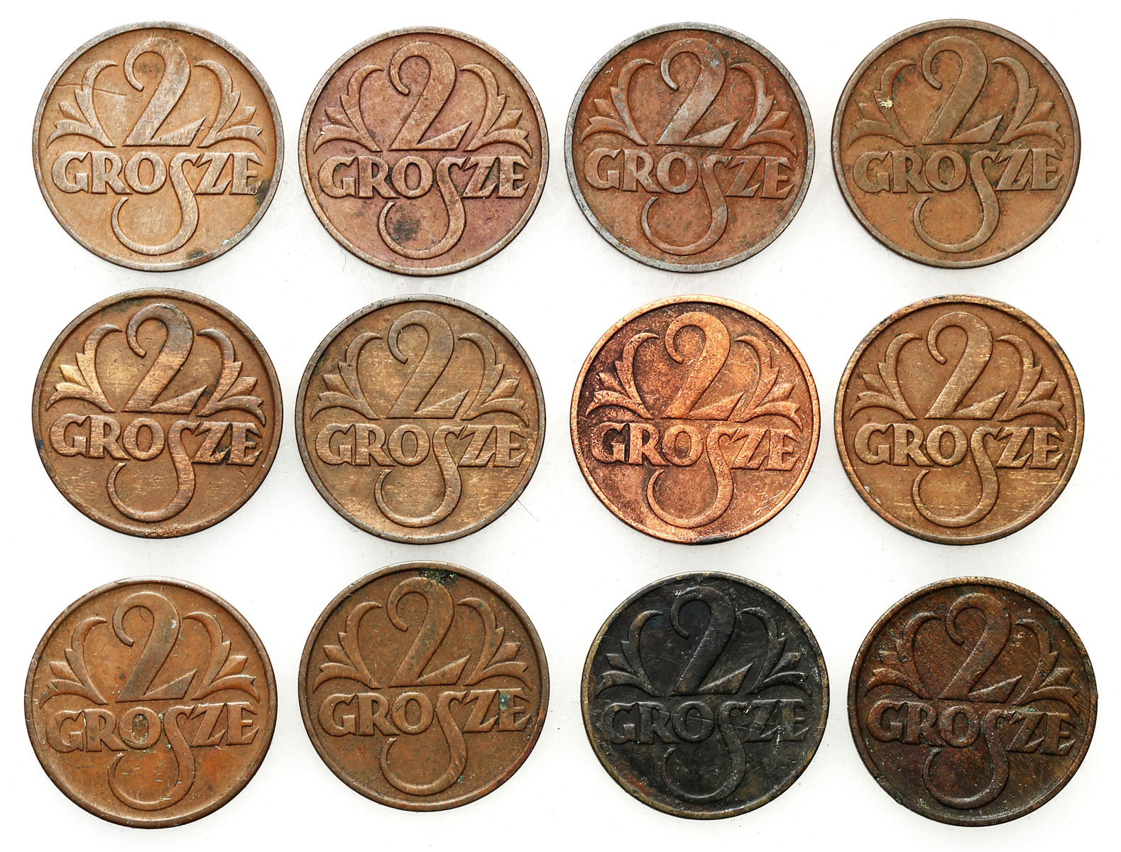 II RP. 2 grosze 1923-1939, zestaw 12 monet