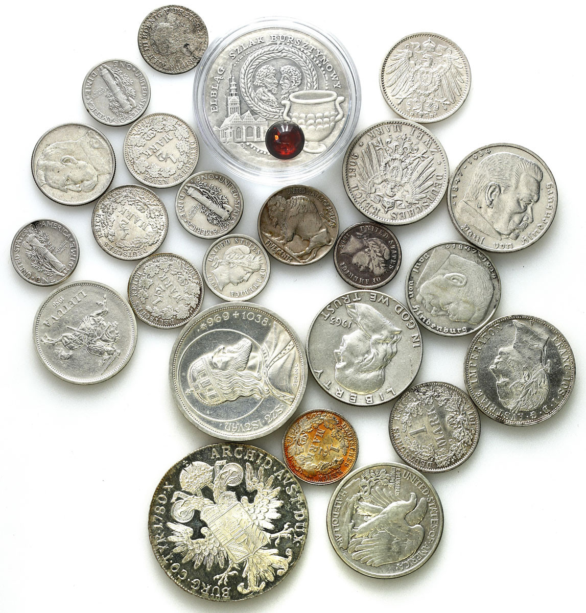 Świat - Polska, USA, Węgry, Niemcy, Litwa, Niue, monety srebrne, zestaw 24 sztuk