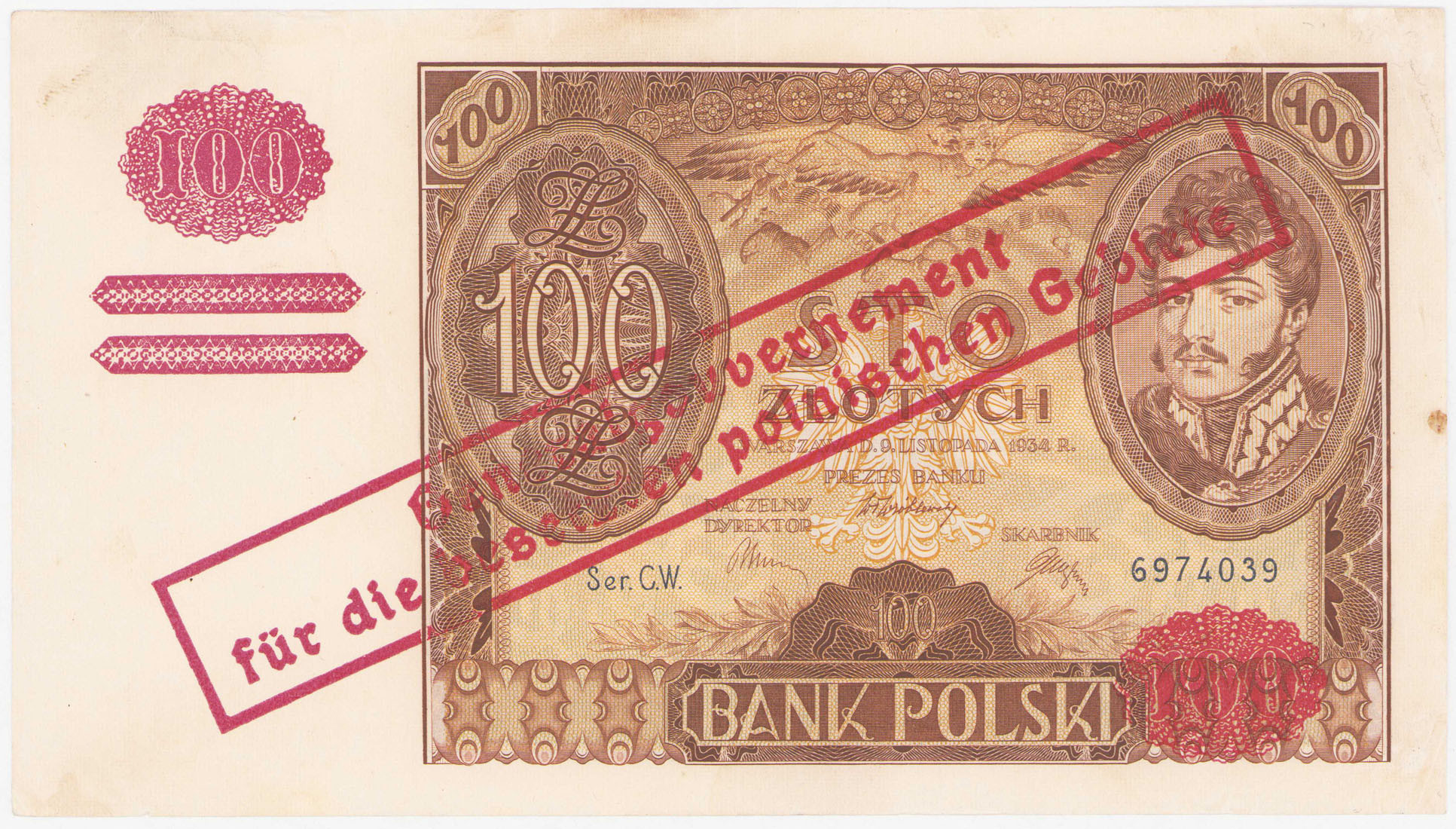 100 złotych 1934 seria C.W.,- fałszywy nadruk