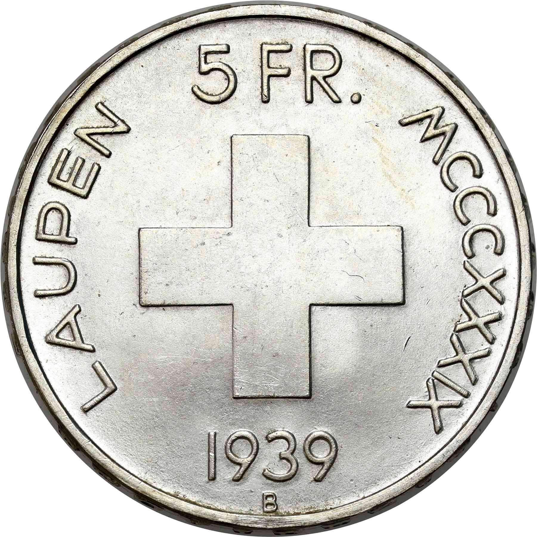Szwajcaria. 5 franków 1939, Bern, bitwa o Laupen - RZADSZE 