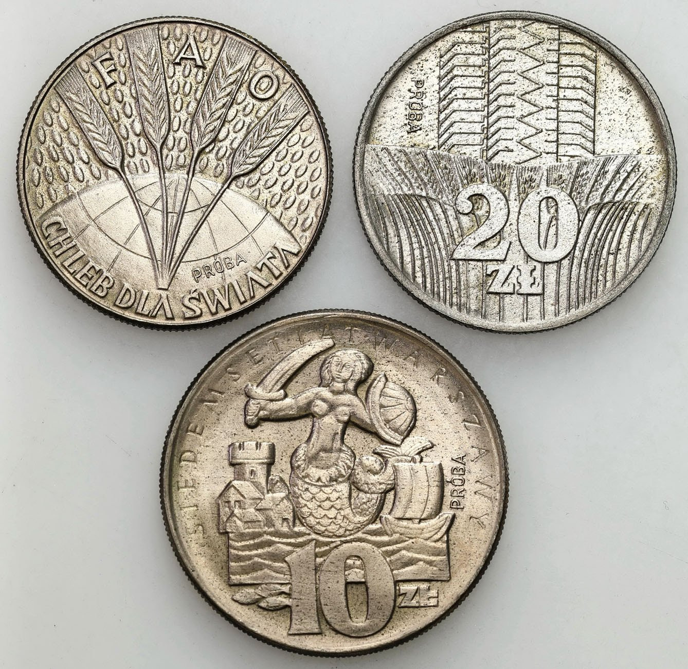 PRL. PRÓBA miedzionikiel 10-20 złotych 1965-1973, zestaw 3 monet