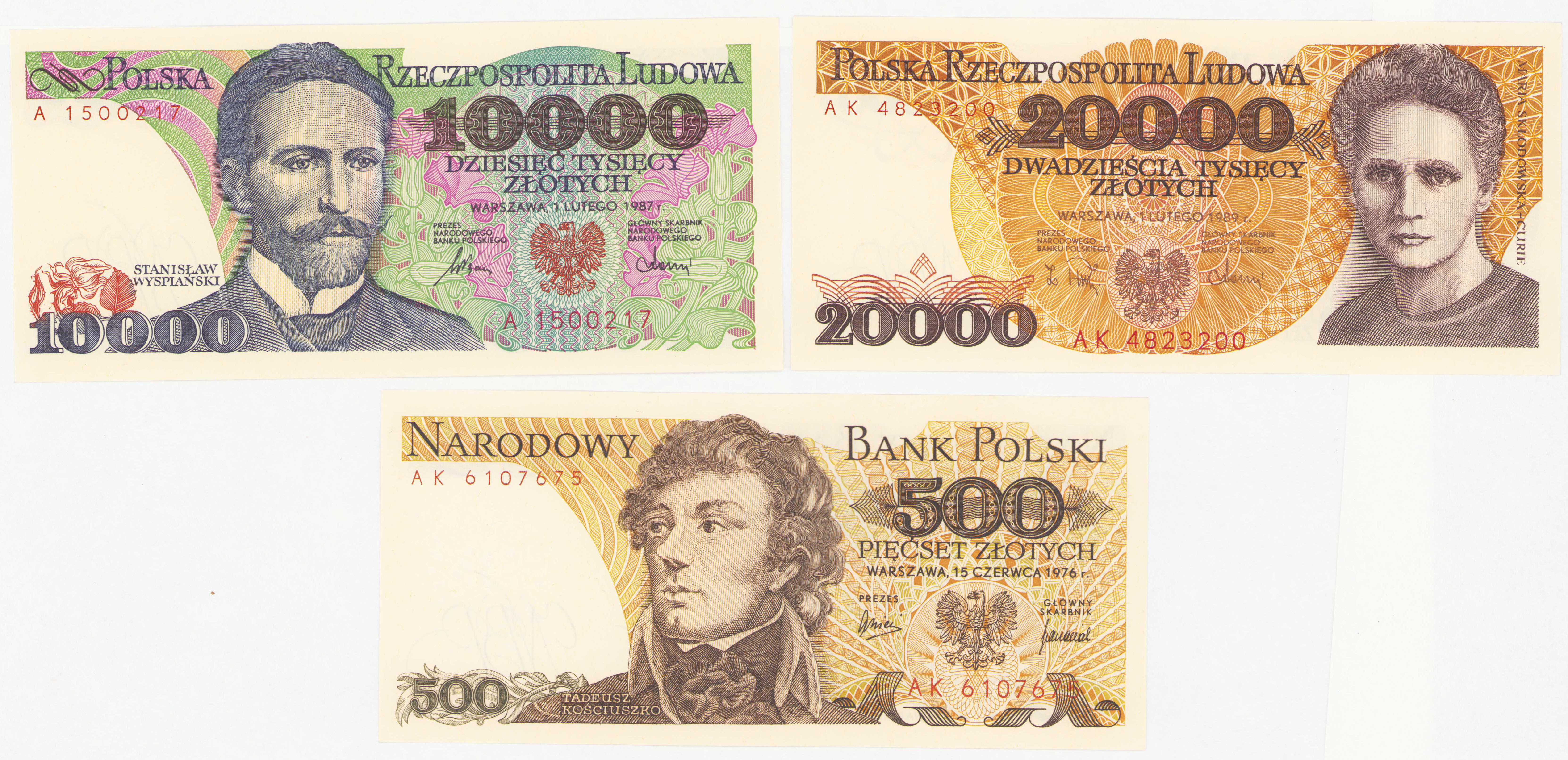 500 złotych 1976 seria AK, 10.000 złotych 1987 seria A i 20.000 złotych 1989 seria AK
