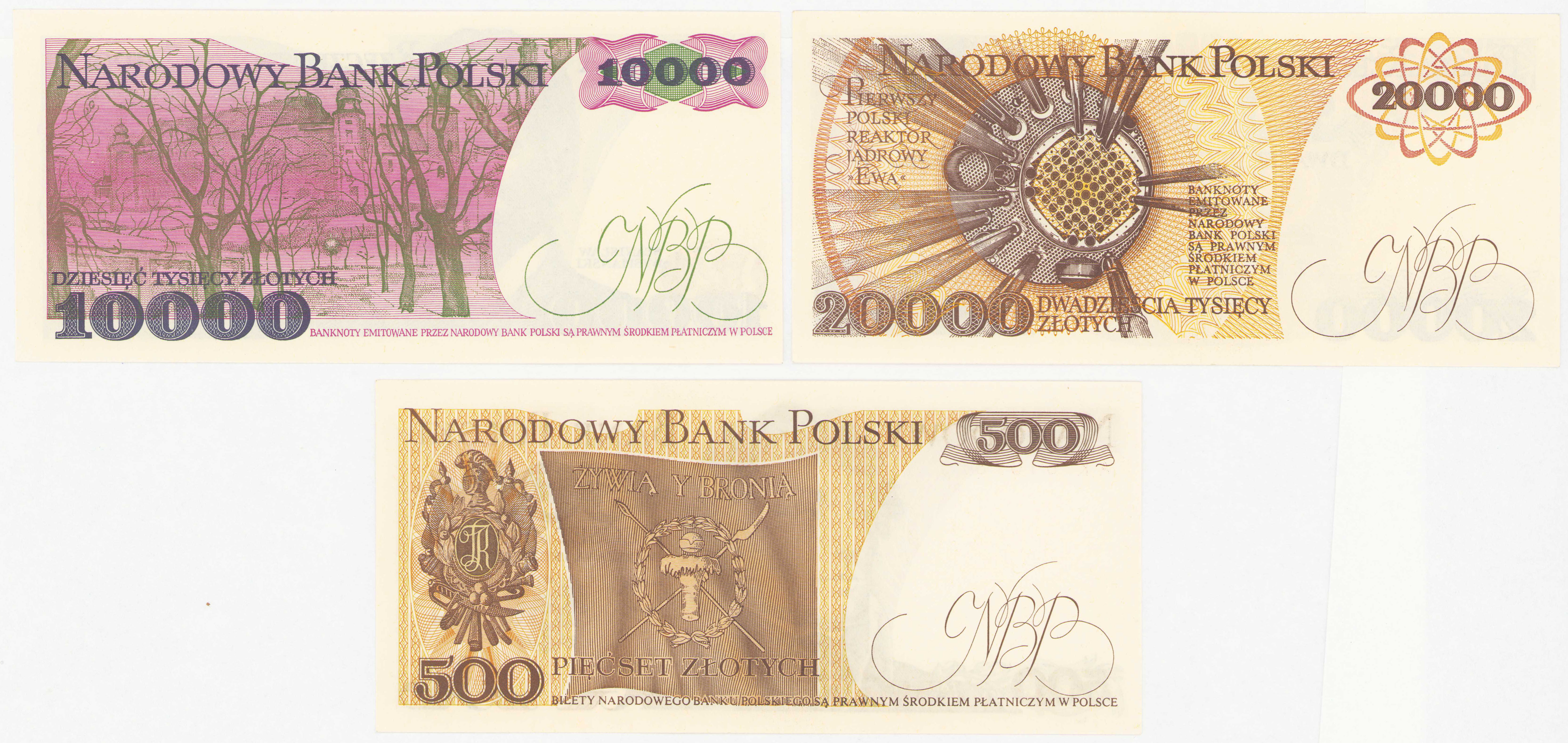 500 złotych 1976 seria AK, 10.000 złotych 1987 seria A i 20.000 złotych 1989 seria AK