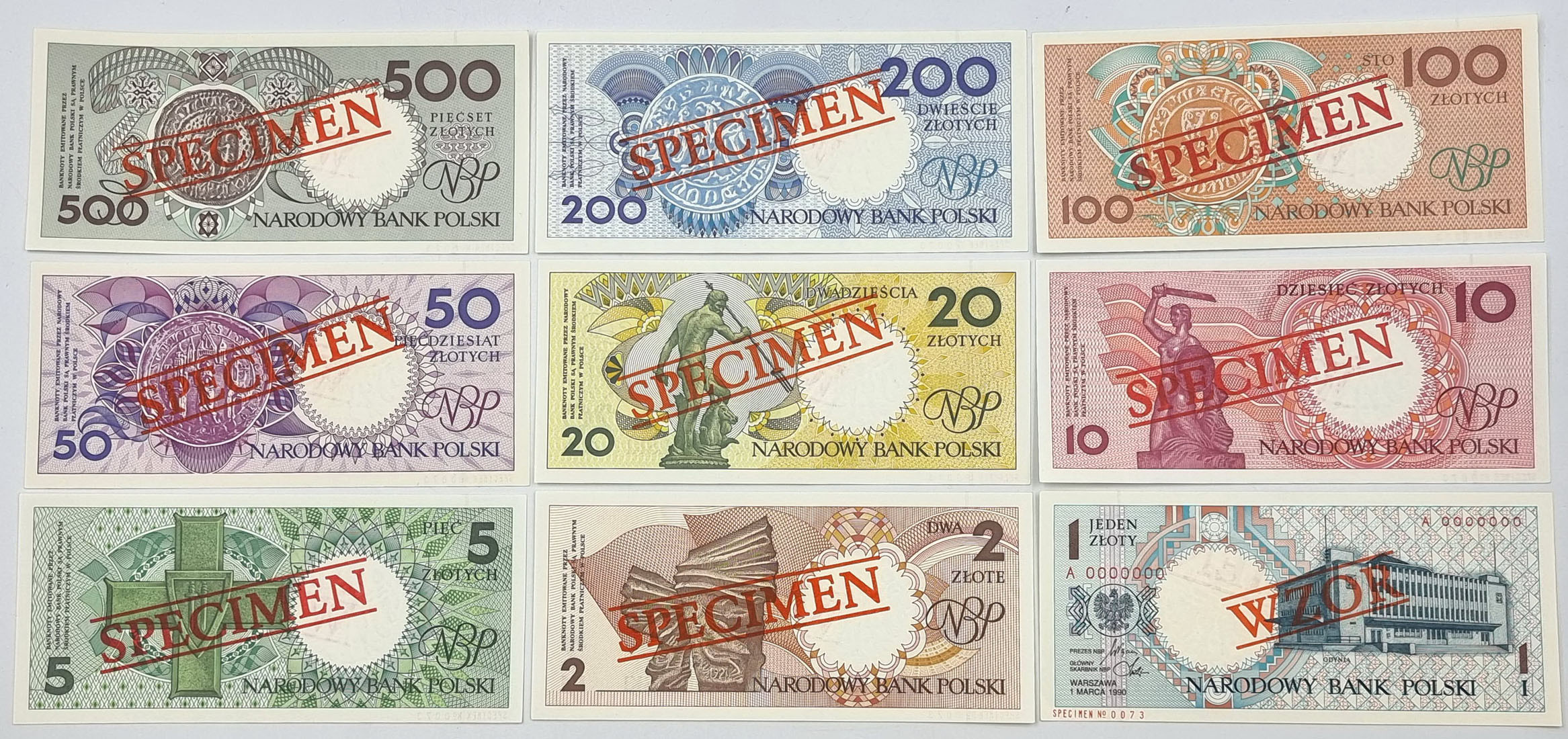 WZÓR/SPECIMEN Komplet Miasta Polskie 1-500 złotych 1990
