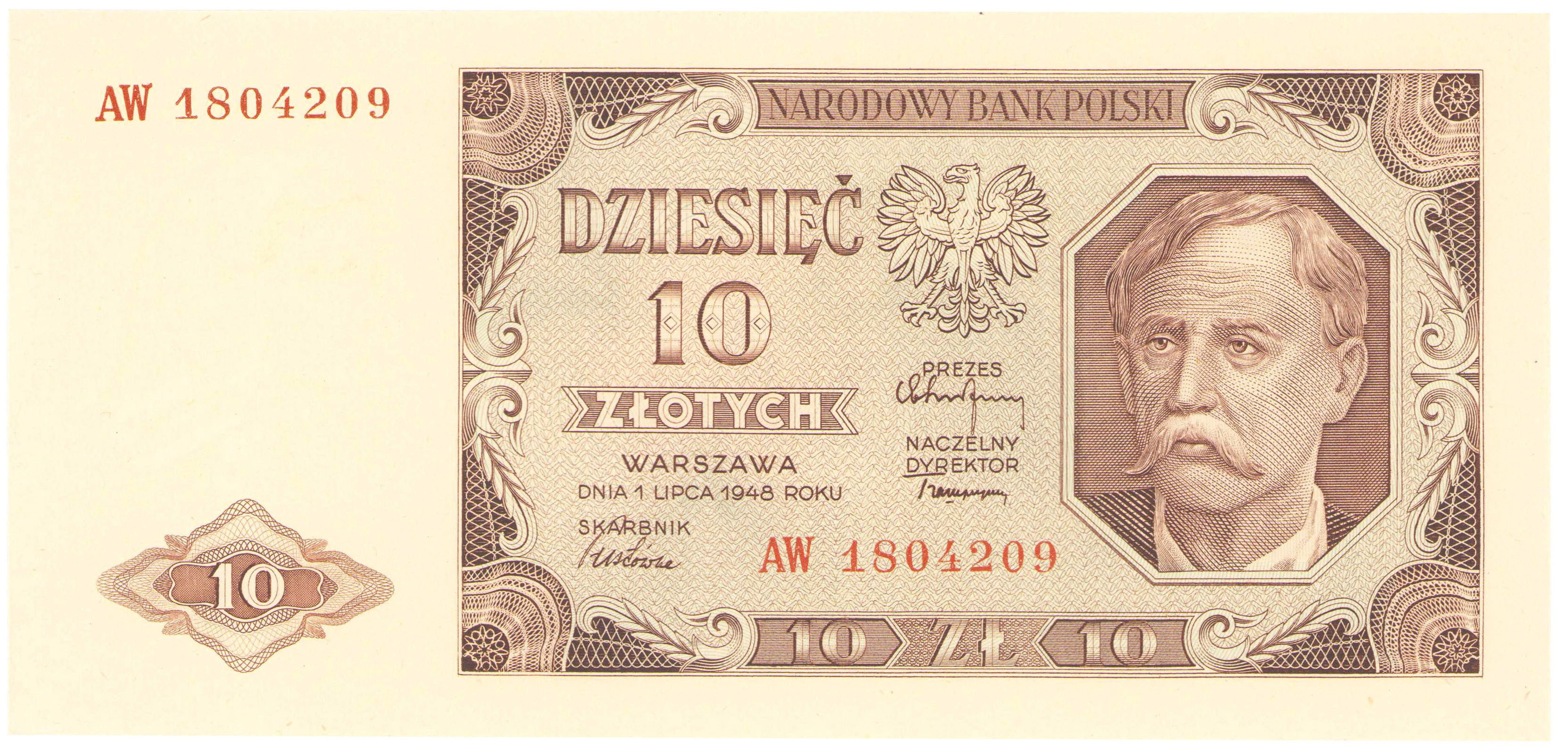 10 złotych 1948 seria AW - PIĘKNY
