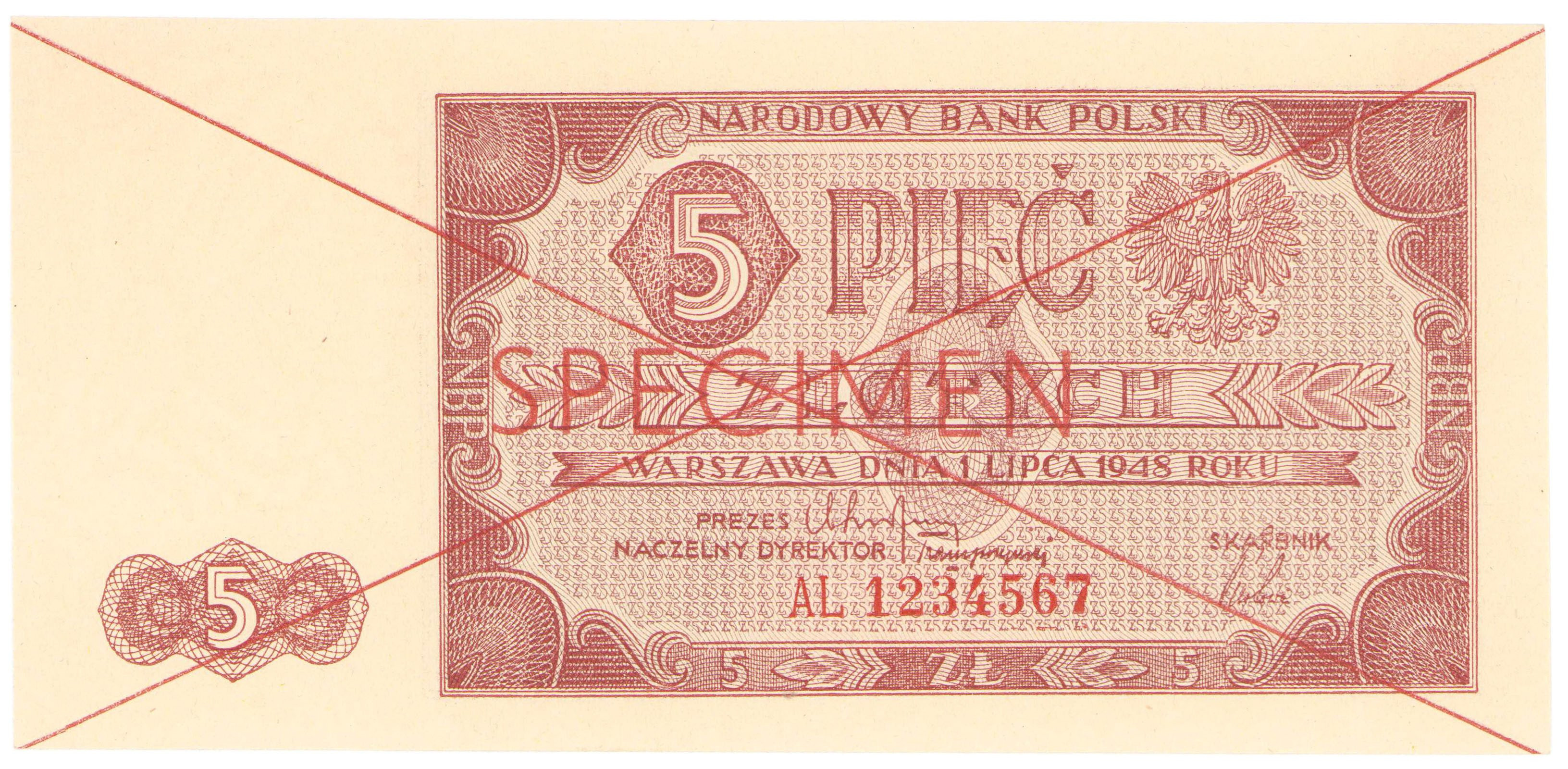 WZÓR / SPECIMEN 5 złotych 1948 seria AL – RZADKOŚĆ R6