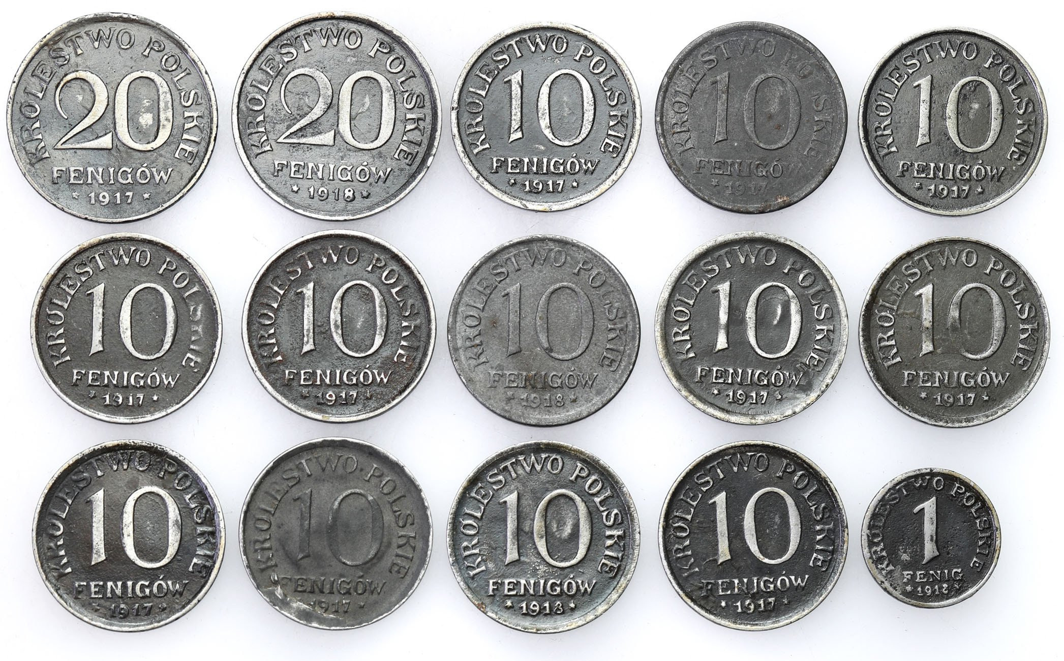 Królestwo Polskie. 1, 10, 20 fenigów 1917-1918, zestaw 15 monet