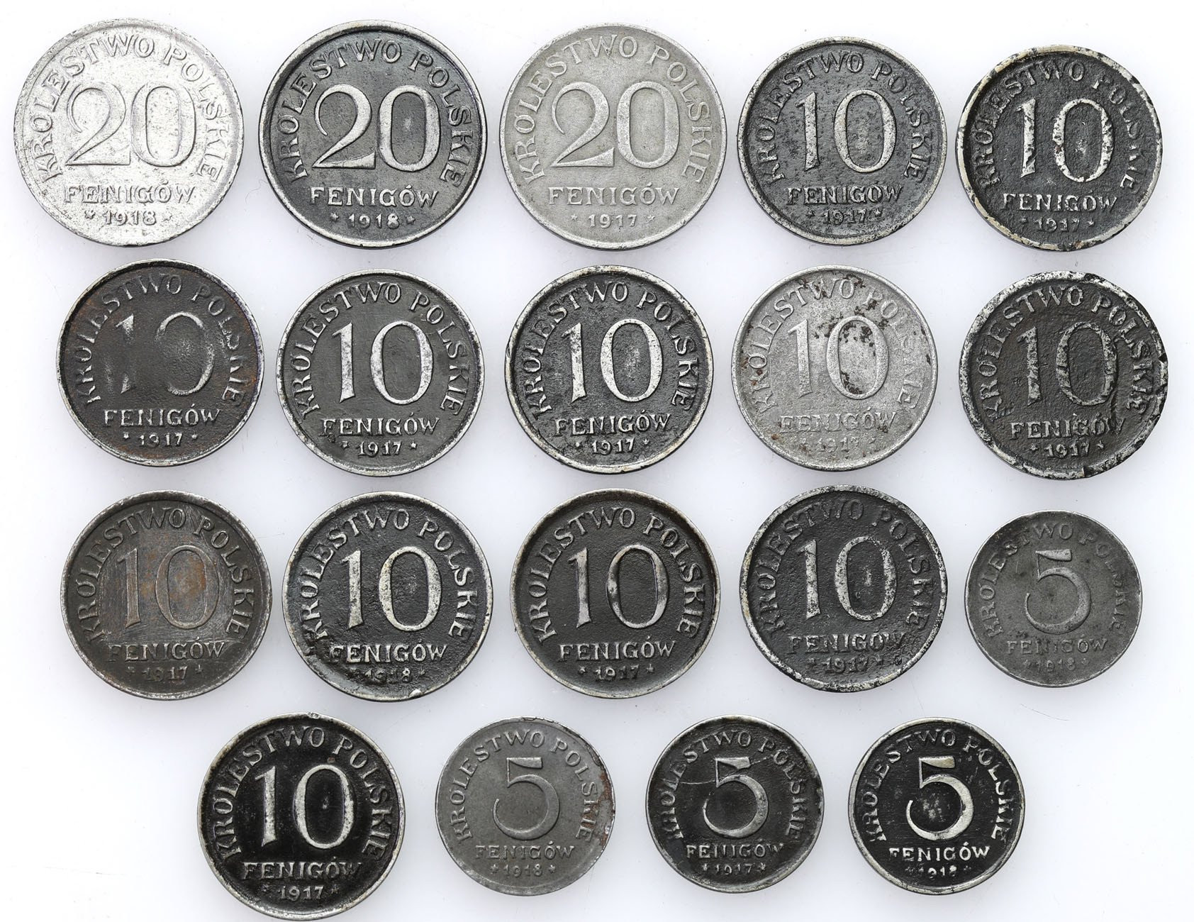 Królestwo Polskie. 5, 10, 20 fenigów 1917-1918, zestaw 19 monet