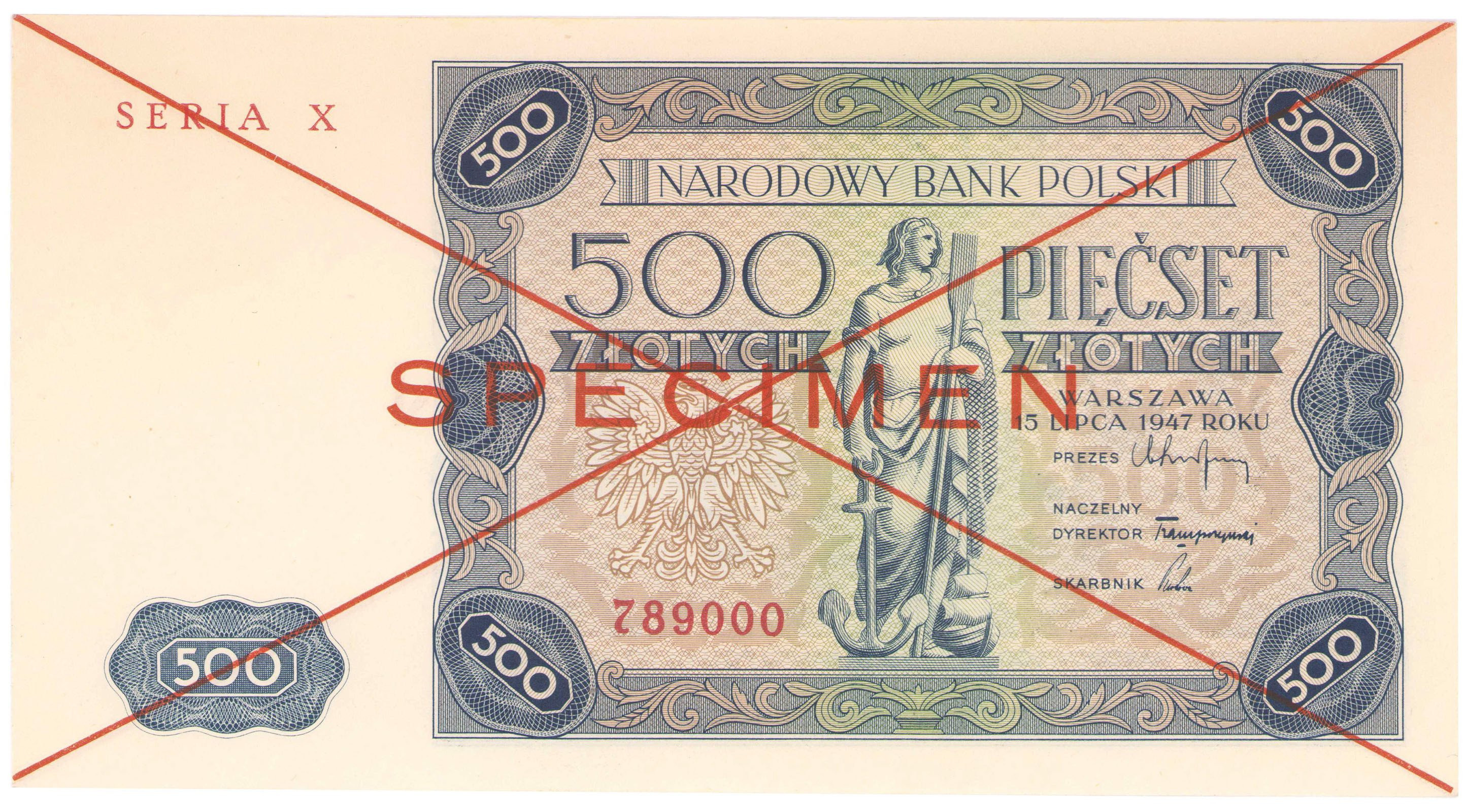 WZÓR / SPECIMEN 500 złotych 1947 seria X - RZADKOŚĆ R6