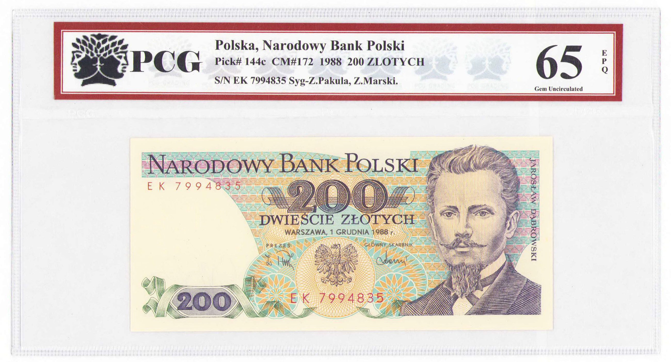 200 złotych 1988 seria EK, PCG 65 EPQ