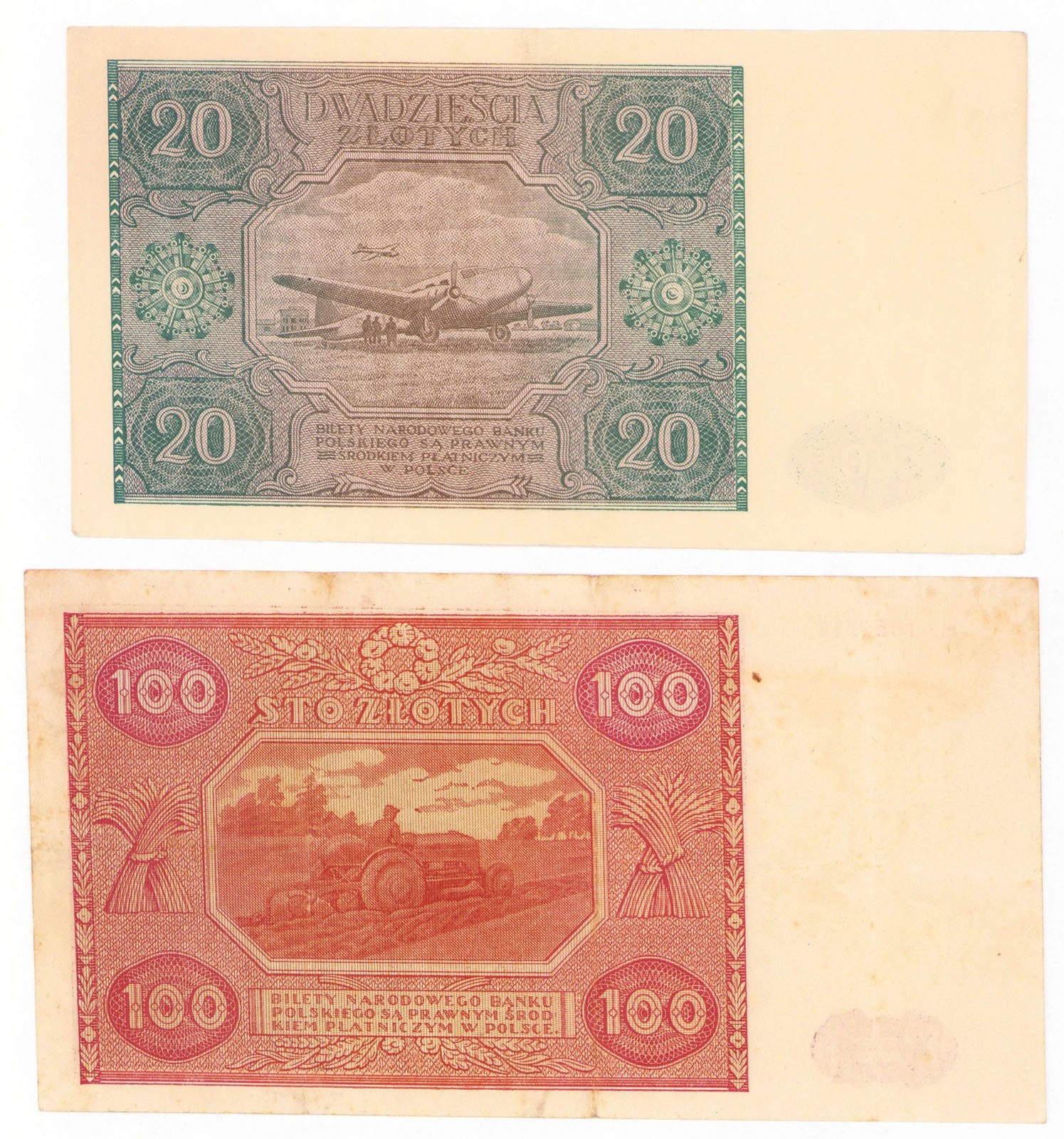 20 złotych 1946 seria C i 100 złotych 1946 seria Mz, zestaw 2 sztuk