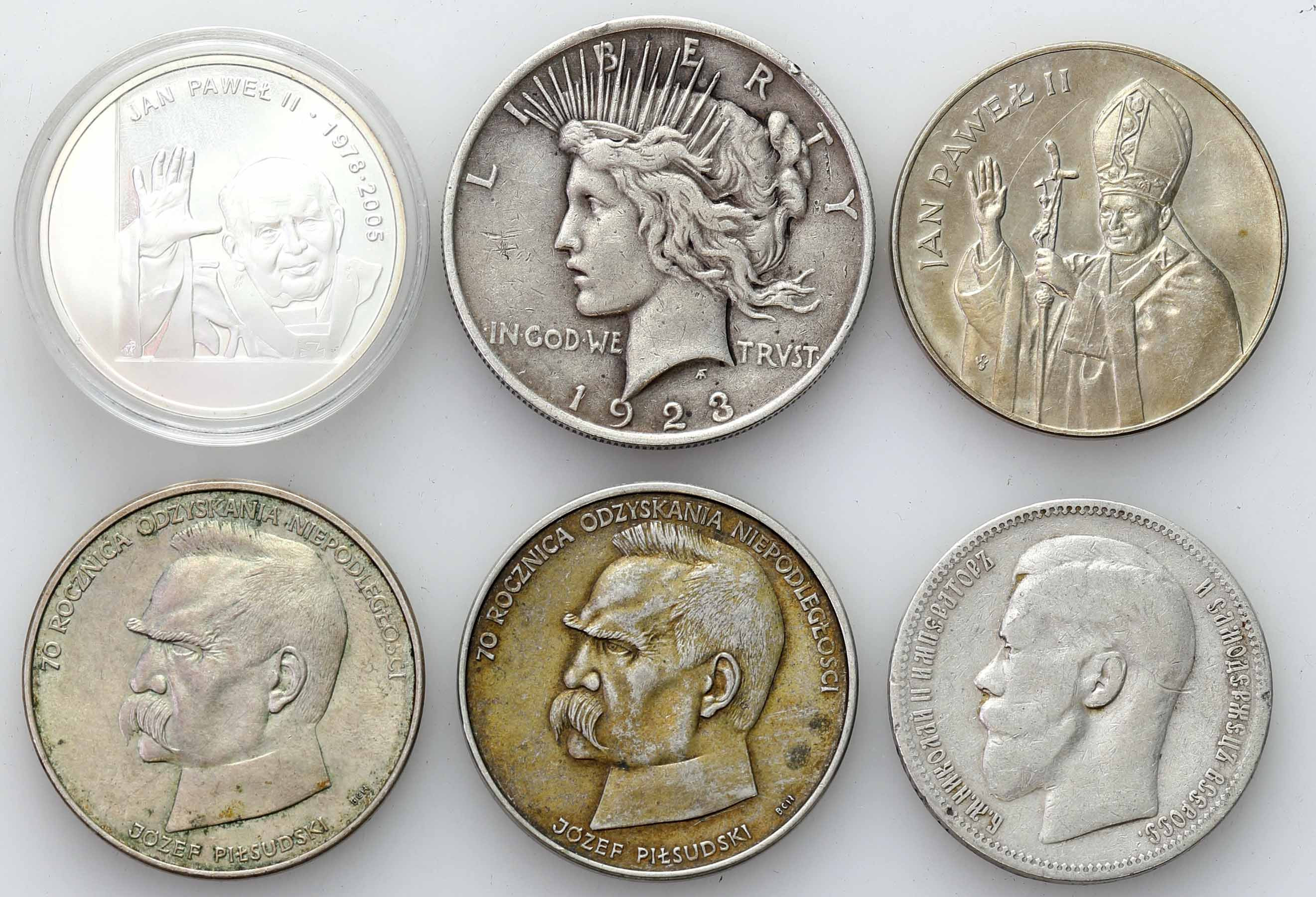 Świat – Polska, USA, Rosja. Monety srebrne, zestaw 6 sztuk