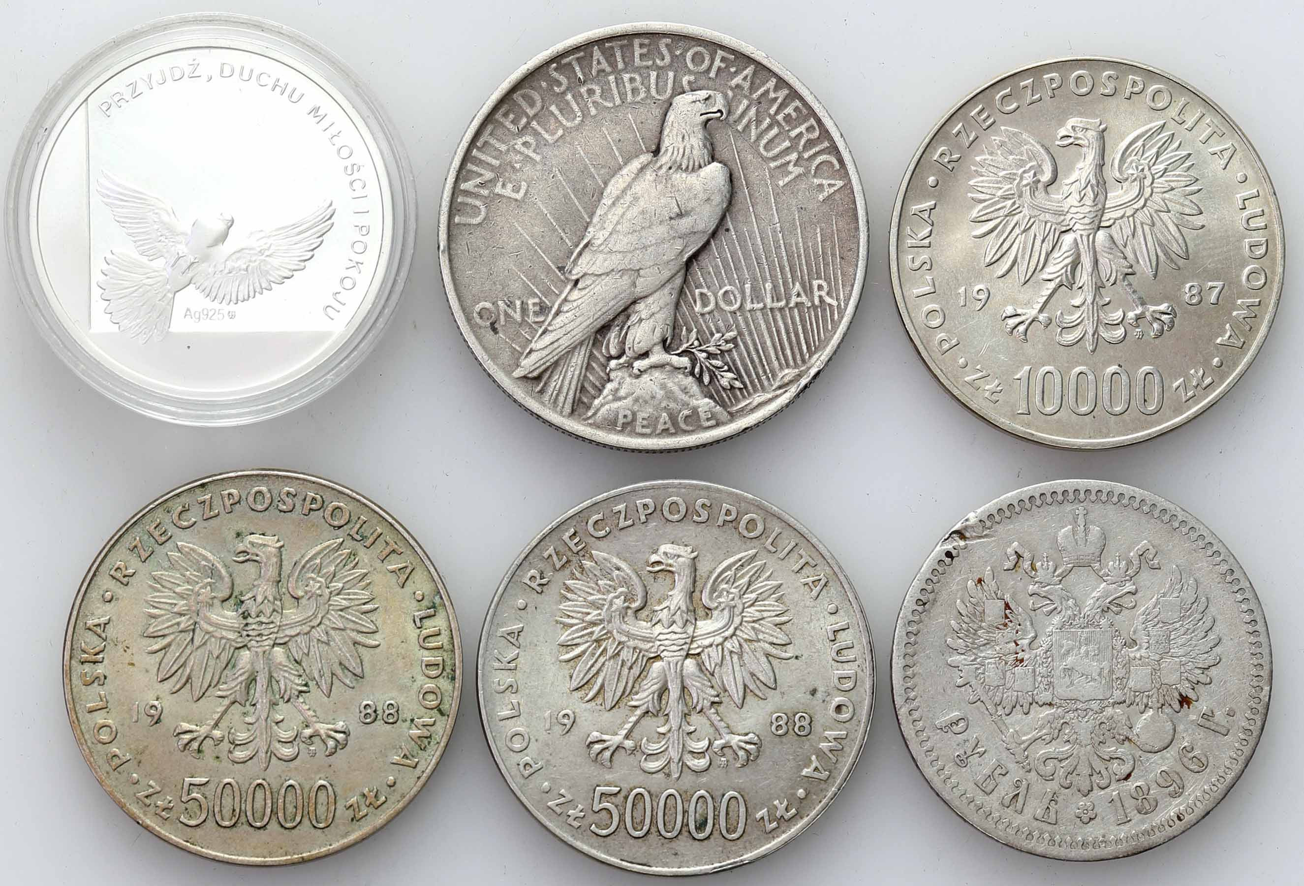 Świat – Polska, USA, Rosja. Monety srebrne, zestaw 6 sztuk
