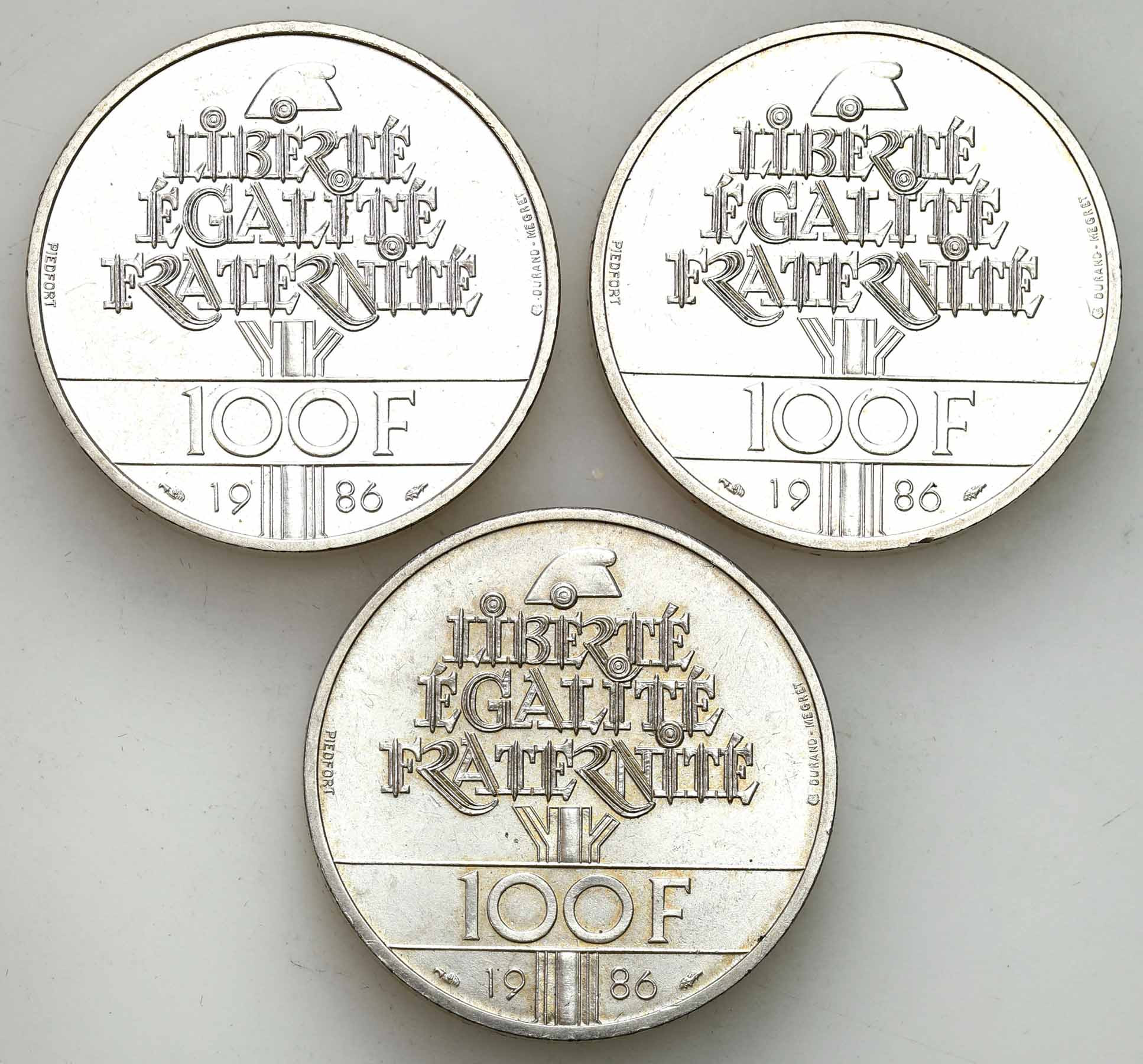 Francja. 100 franków 1986, Paryż, zestaw 3 sztuk - PIEDFORT
