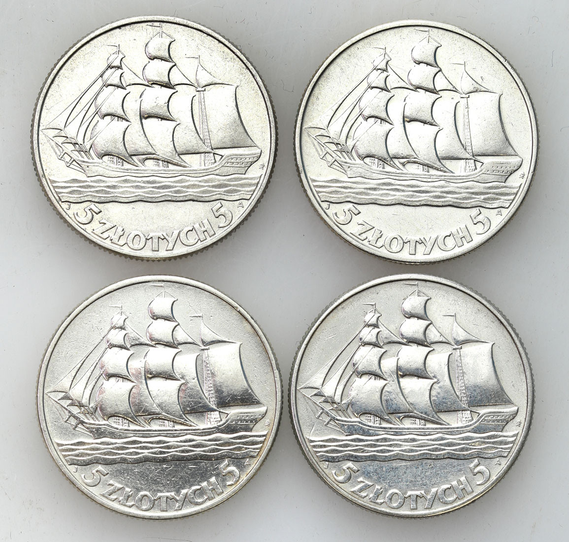II RP. 5 złotych 1936 Żaglowiec, zestaw 4 monet