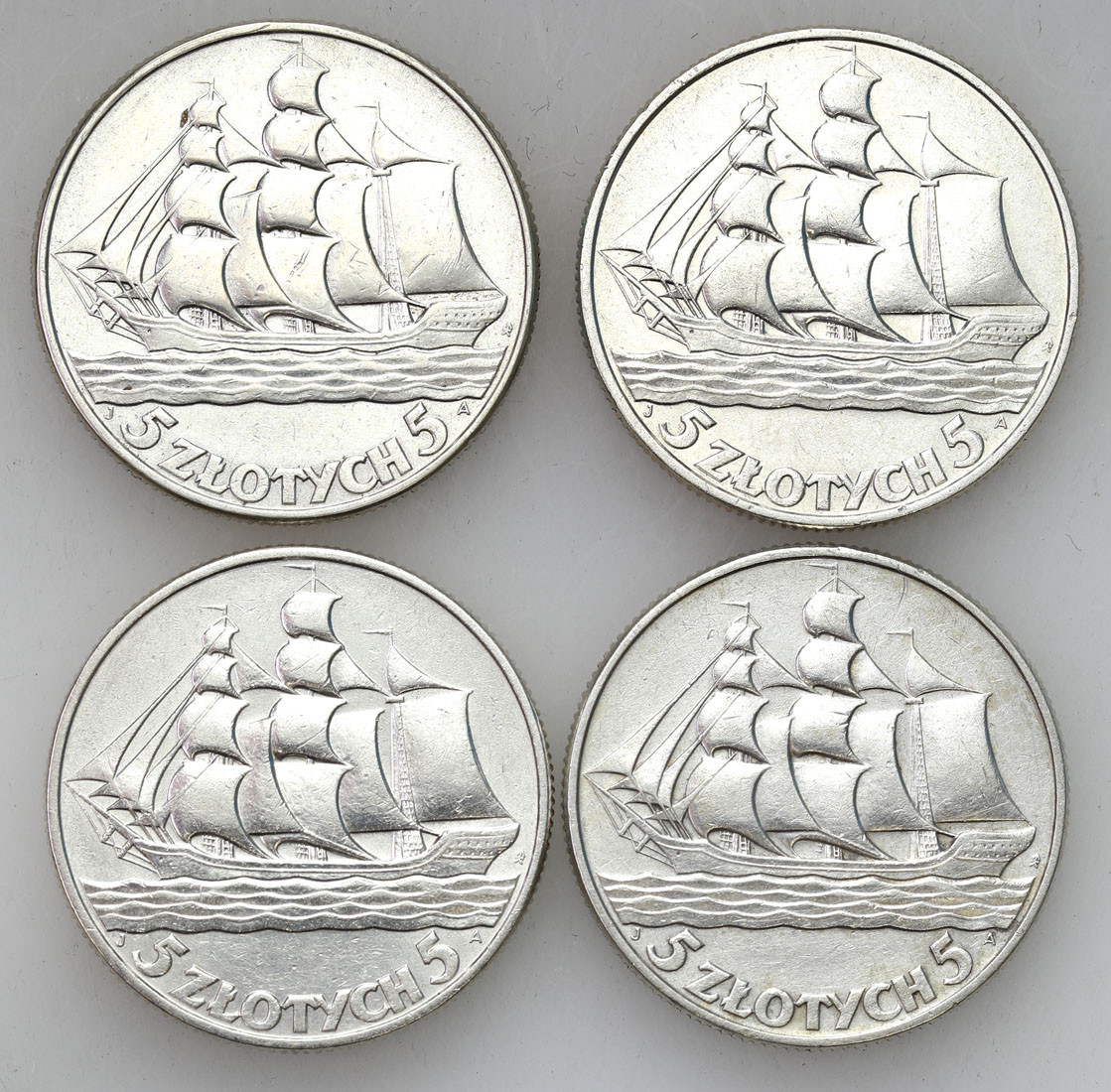 II RP. 5 złotych 1936 Żaglowiec, zestaw 4 monet