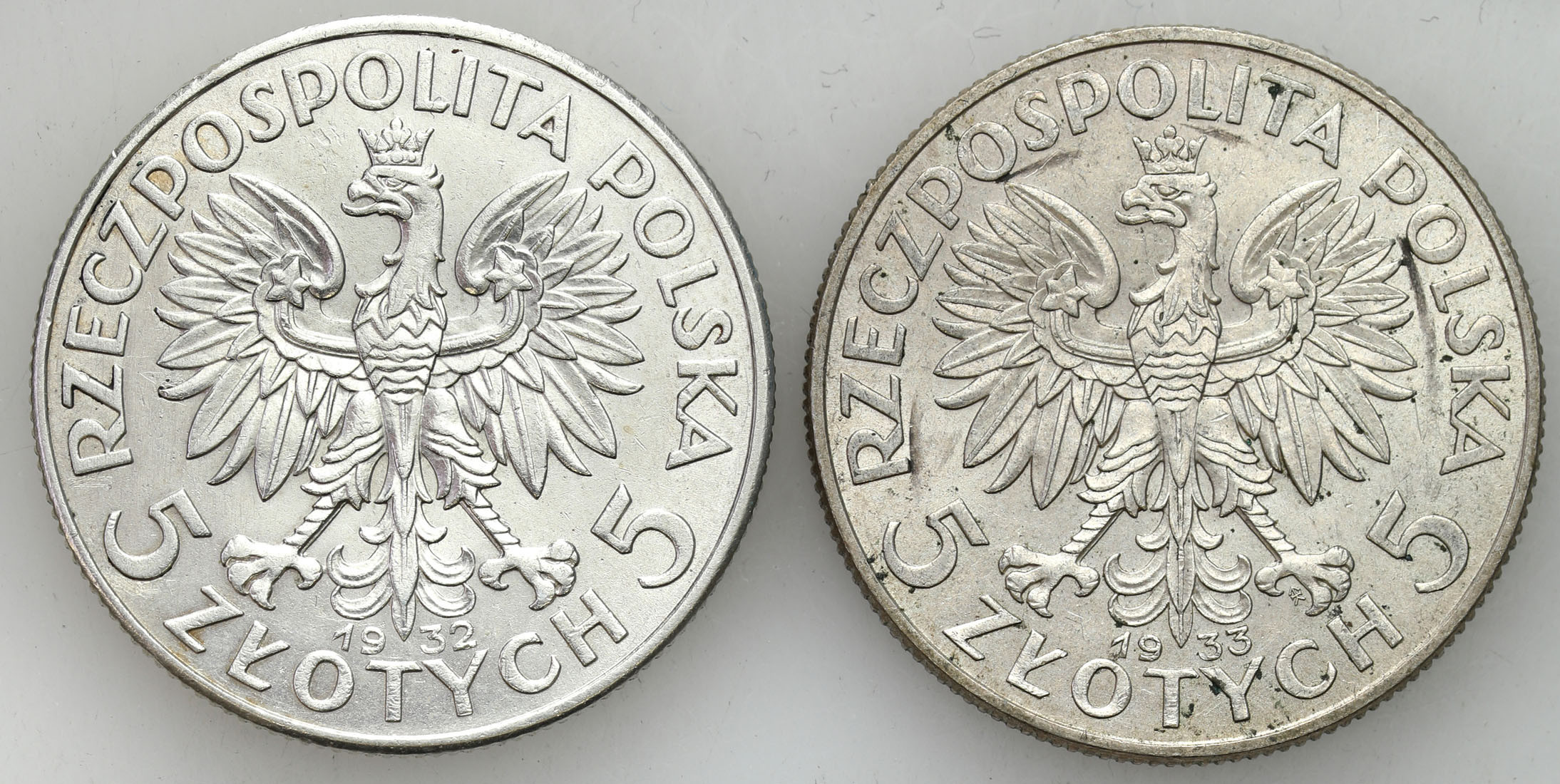 II RP. 5 złotych 1932 (bez znaku) i 5 złotych 1933 głowa kobiety