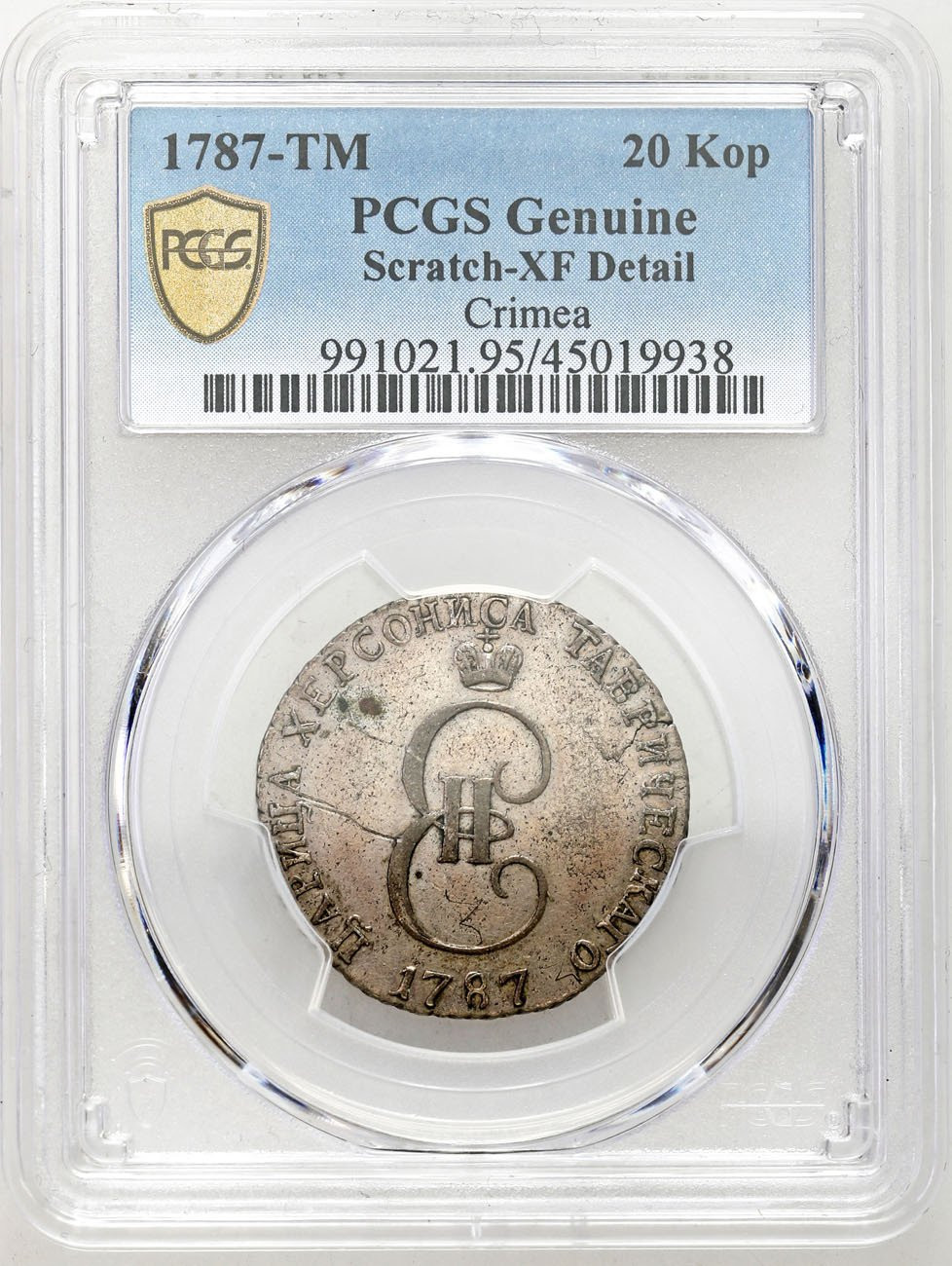 Rosja, Katarzyna II. Tauric - Krym. 20 kopiejek 1787 PCGS Genuine XF - RZADKOŚĆ