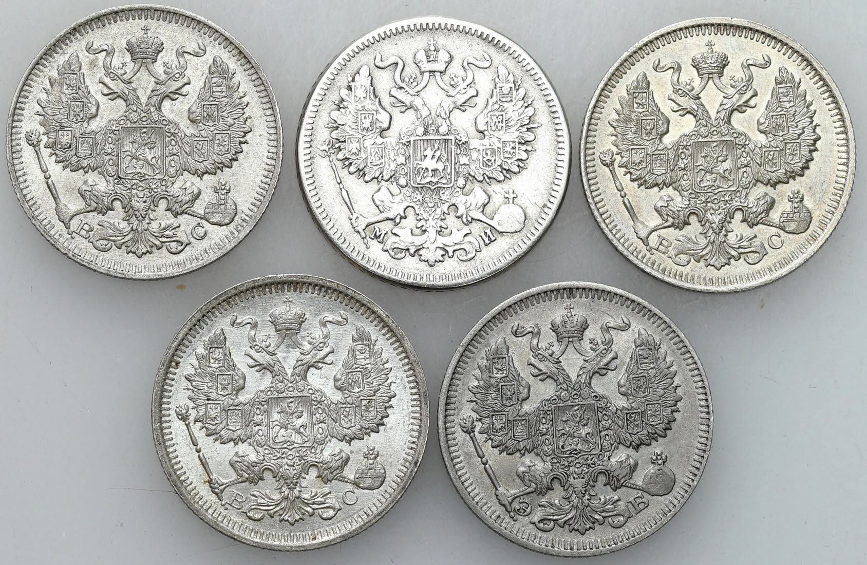 Rosja, Aleksander II i Mikołaj II. 20 kopiejek 1862-1915, zestaw 5 monet