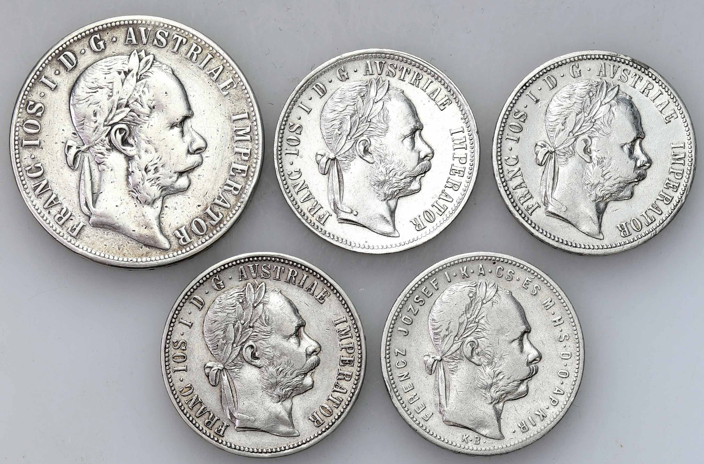 Austria, Węgry, Franciszek Józef I (1848–1916), 1 forint 1881, Floren 1879, 1884, 1891 i 2 floreny 1879, zestaw 5 monet
