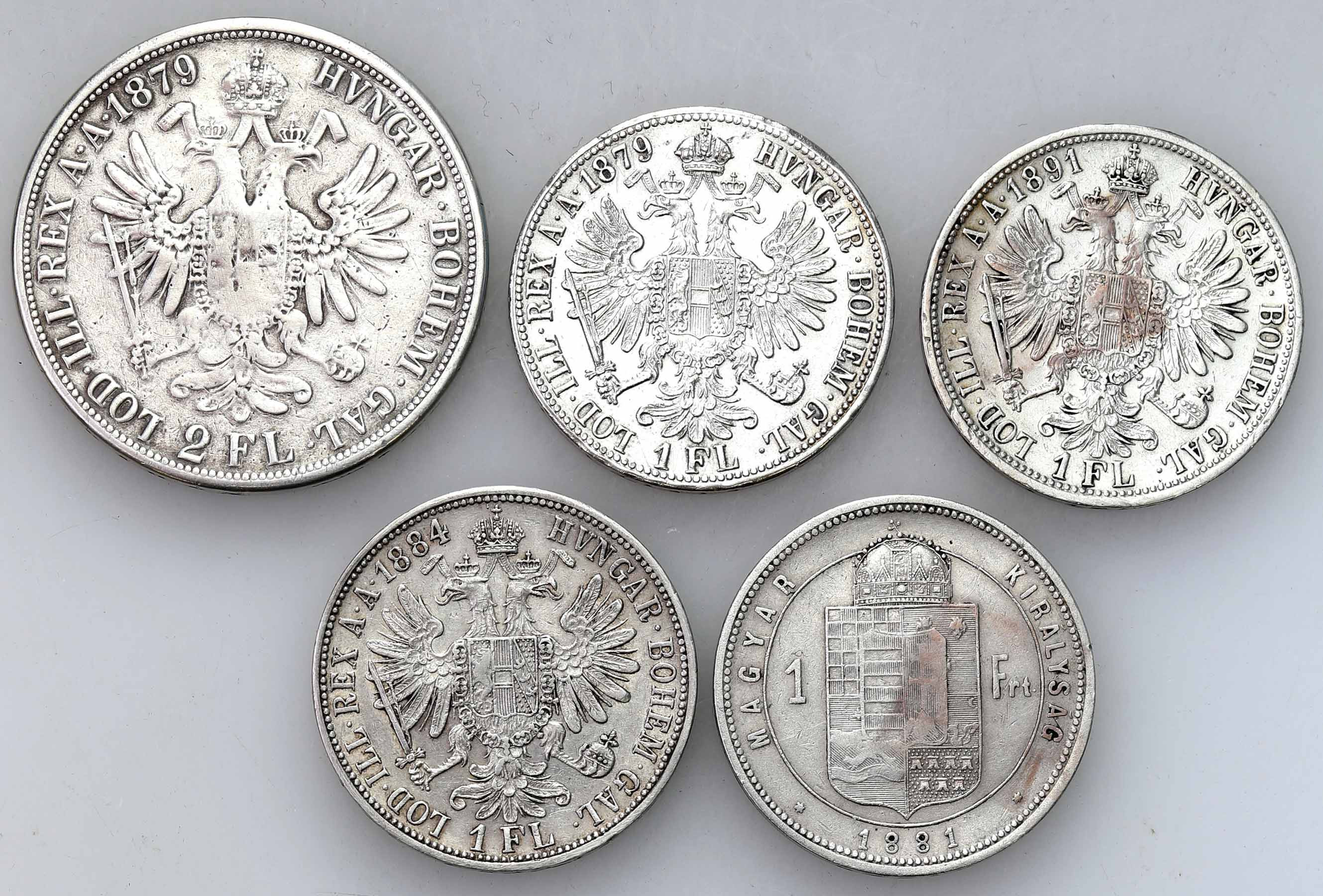 Austria, Węgry, Franciszek Józef I (1848–1916), 1 forint 1881, Floren 1879, 1884, 1891 i 2 floreny 1879, zestaw 5 monet
