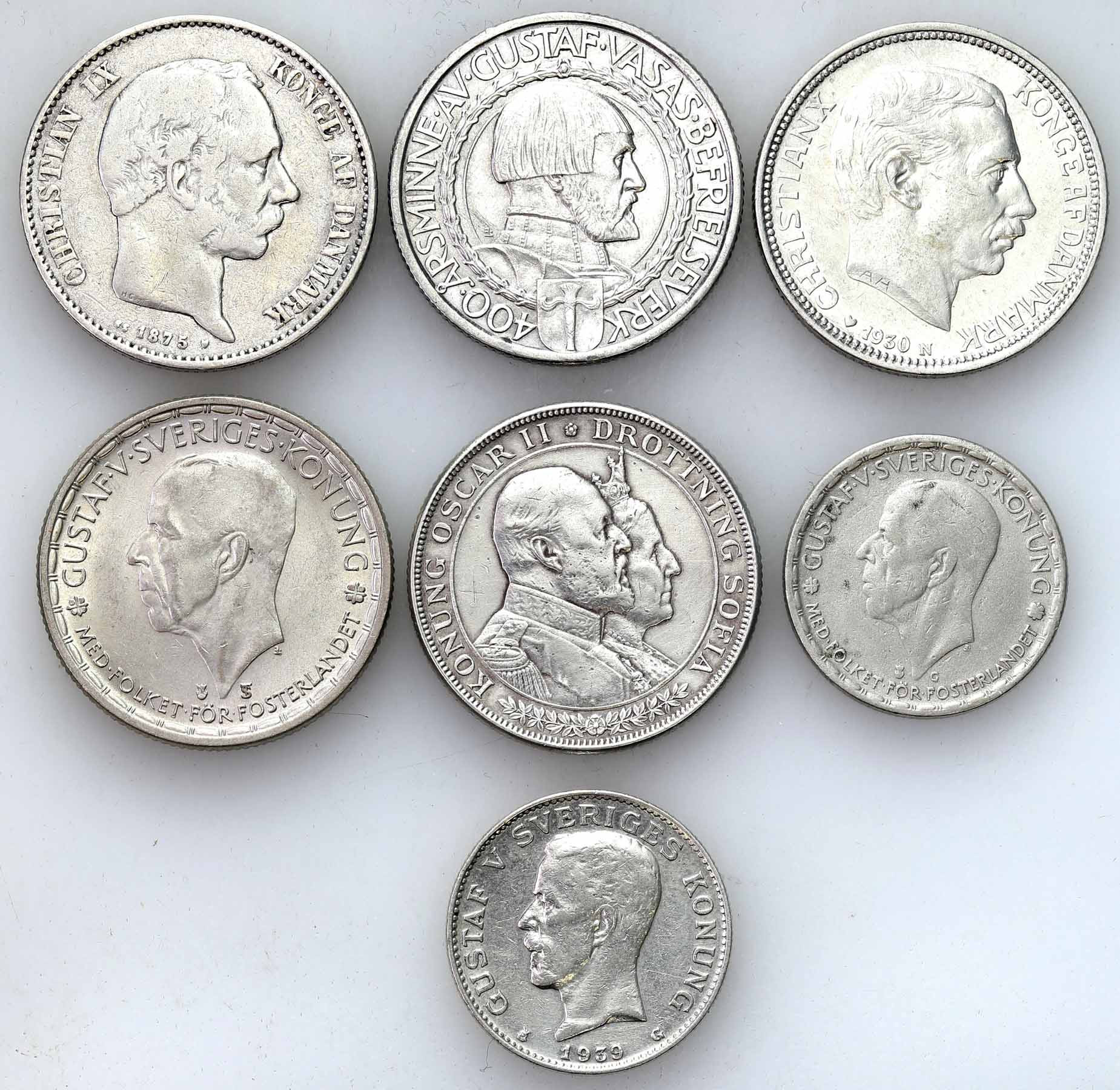 Dania, Szwecja, 1 - 2 korony 1875 - 1950, zestaw 7 monet