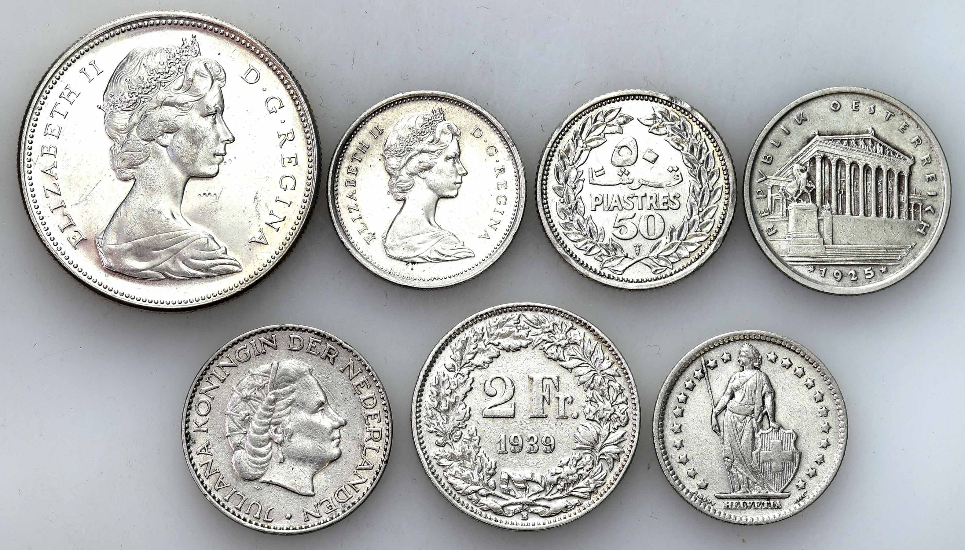 Świat – Kanada, Niderlandy, Szwajcaria, Austria, Liban. Monety srebrne, zestaw 7 sztuk