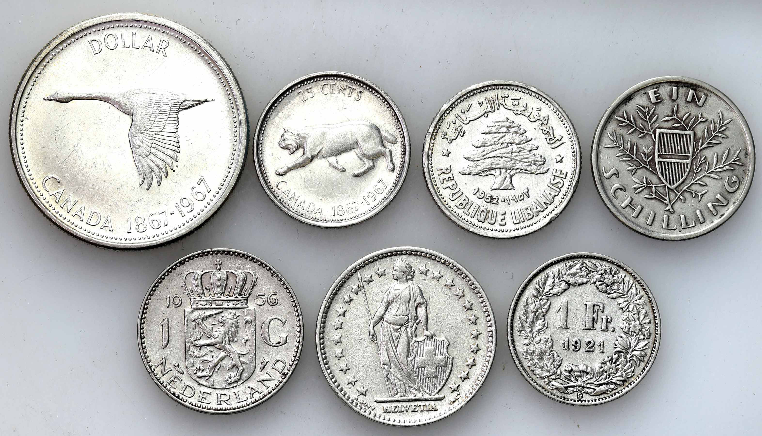 Świat – Kanada, Niderlandy, Szwajcaria, Austria, Liban. Monety srebrne, zestaw 7 sztuk