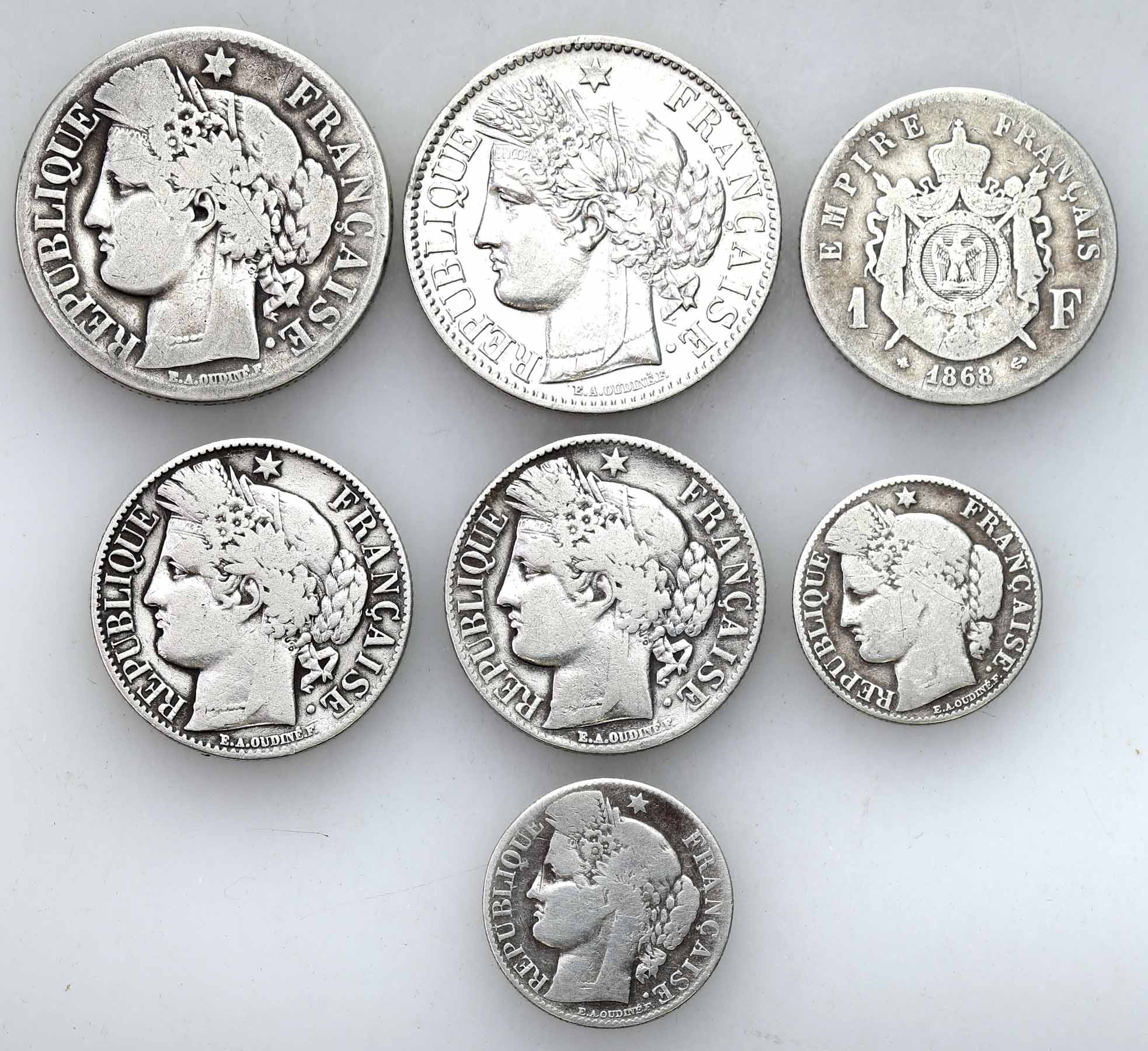 Francja 50 centimes do 2 franków 1868 – 1895, zestaw 7 monet