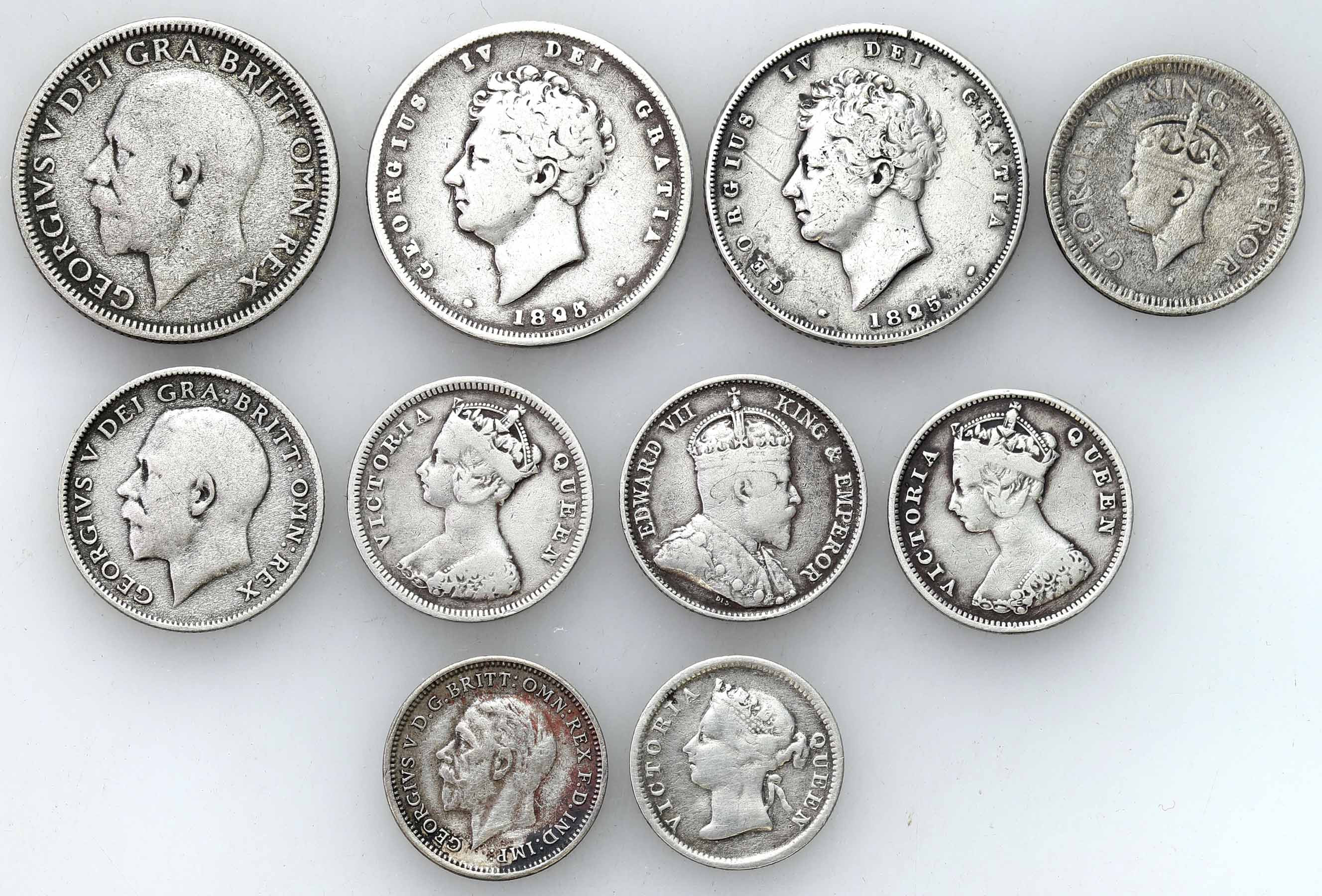 Wielka Brytania. 5 - 10 centów, 3 - 6 pence, shilling 1825 - 1944, zestaw 10 monet