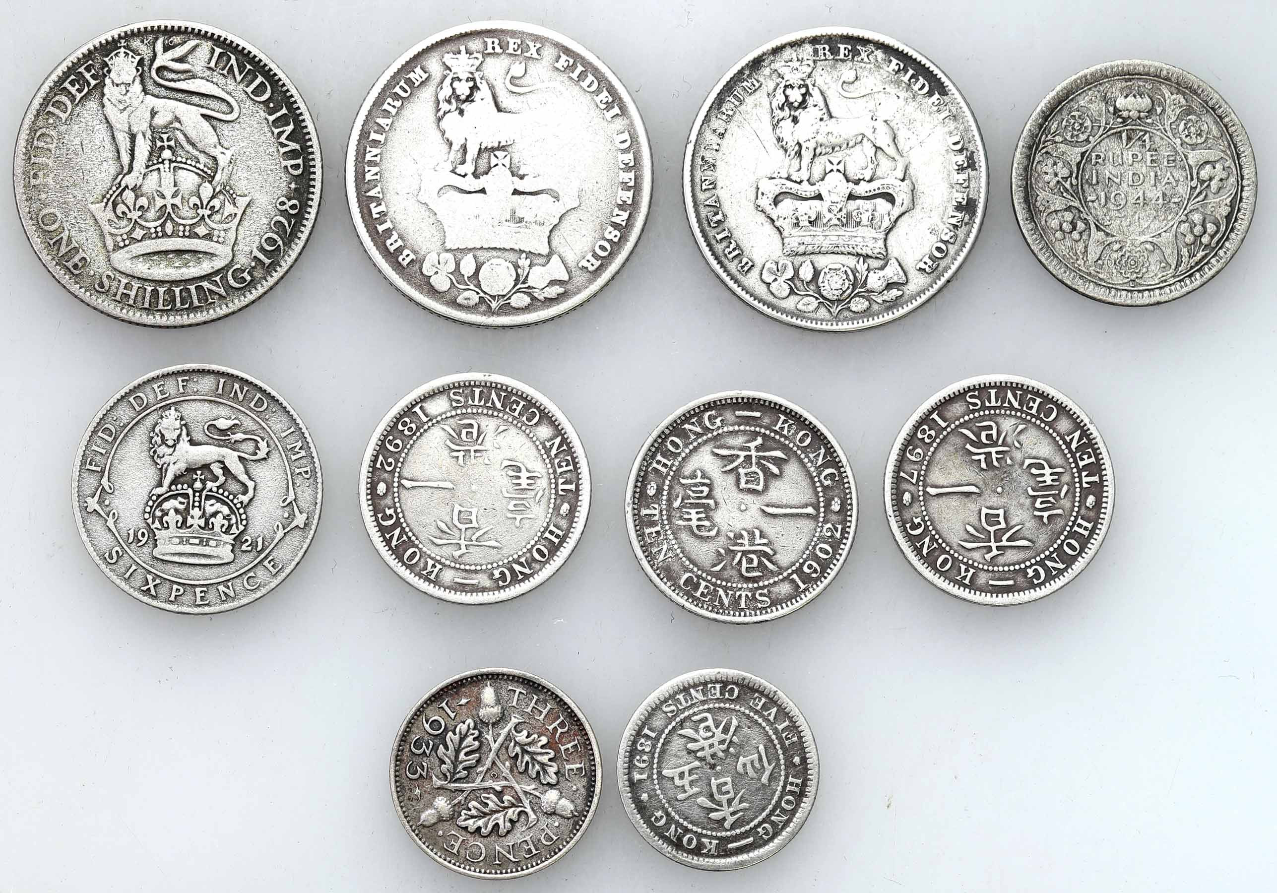 Wielka Brytania. 5 - 10 centów, 3 - 6 pence, shilling 1825 - 1944, zestaw 10 monet