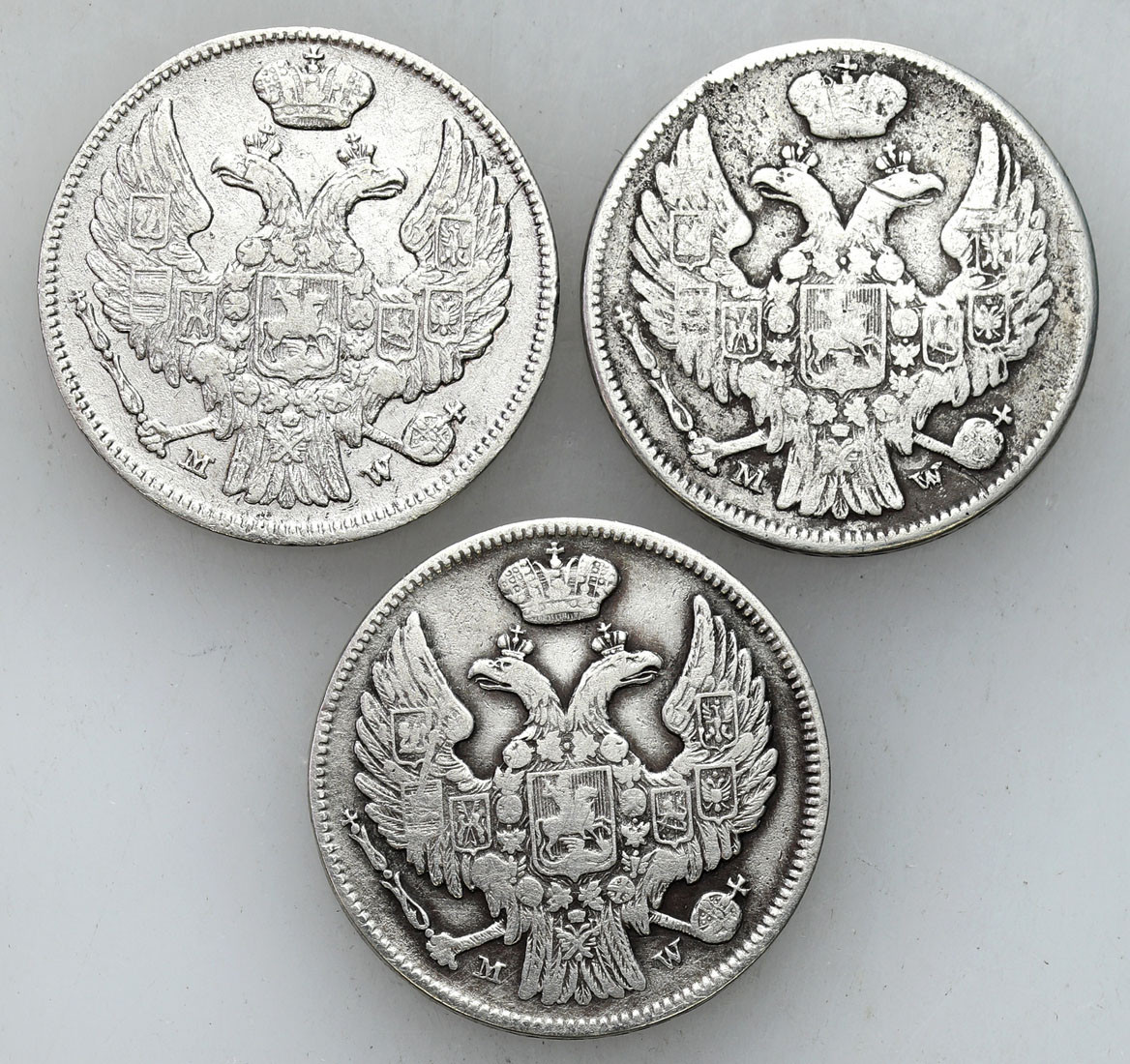 Polska XIX w./Rosja, Mikołaj I. 15 kopiejek = 1 złoty 1838-1839 MW, Warszawa, zestaw 3 monet